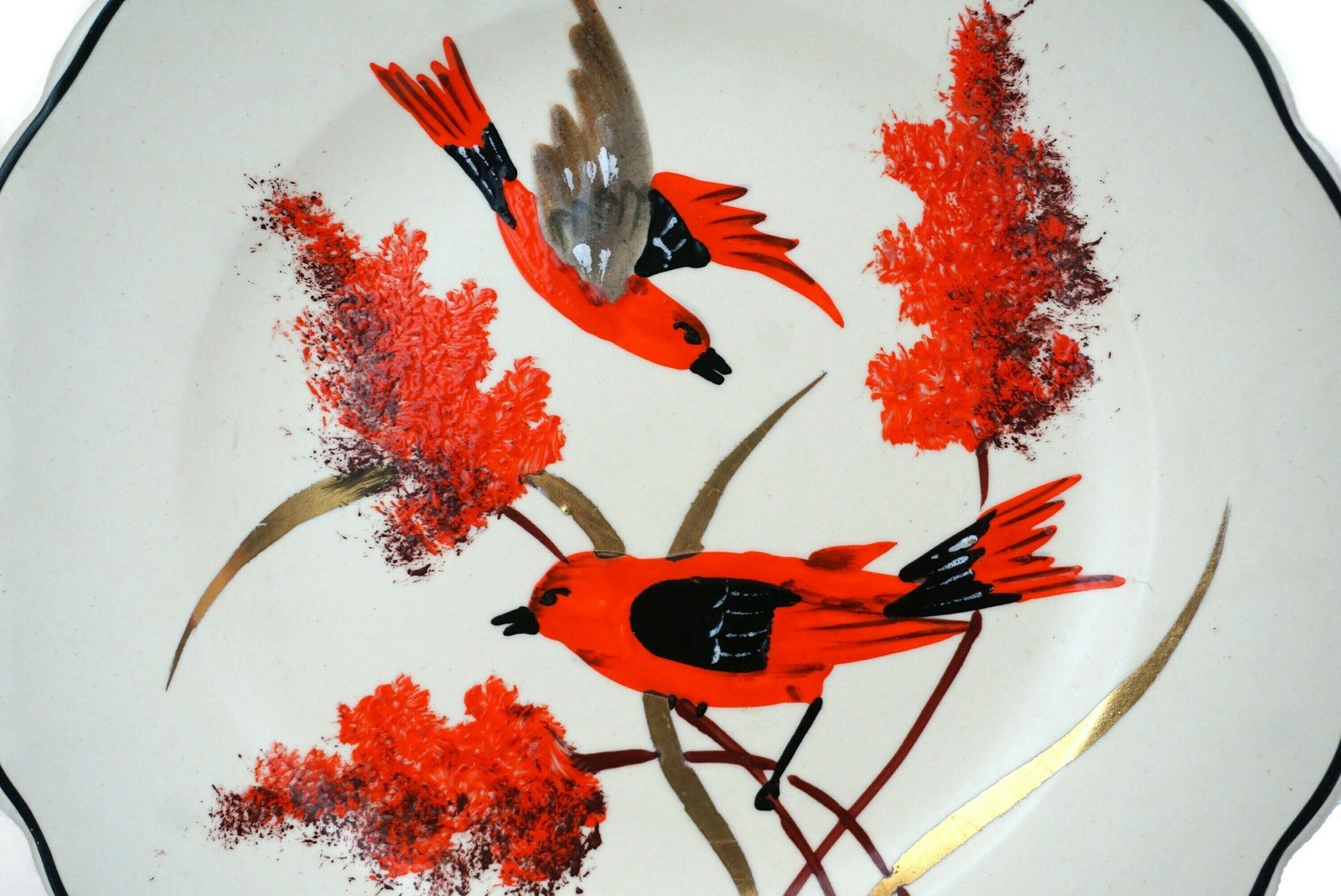 Art Deco Ceramic Plate With Hand Painted Cardinal Birds By Longwy, Vintage French Home Decor photo 87.0