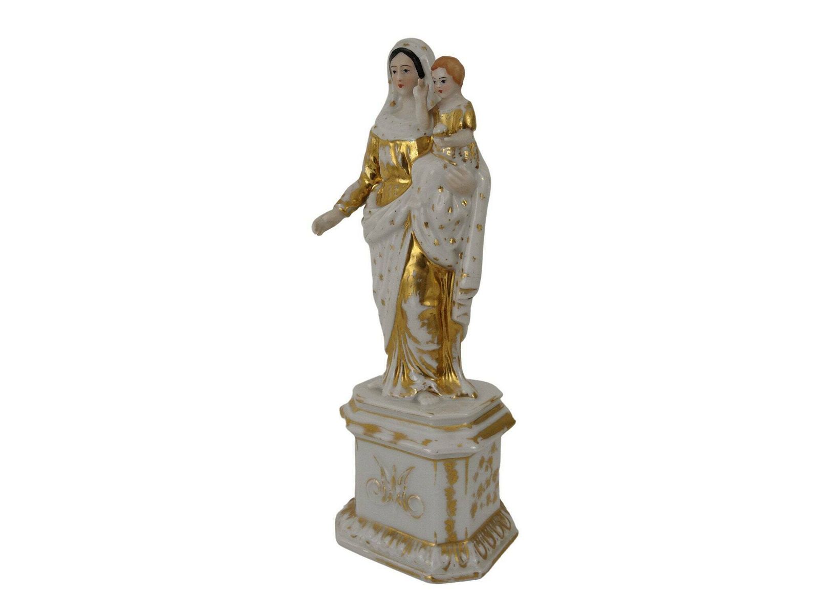 Antique Virgin Mary And Infant Jesus Porcelain Statue, 19th Century French Christian Mother And Child Saint Figurine photo vinterior