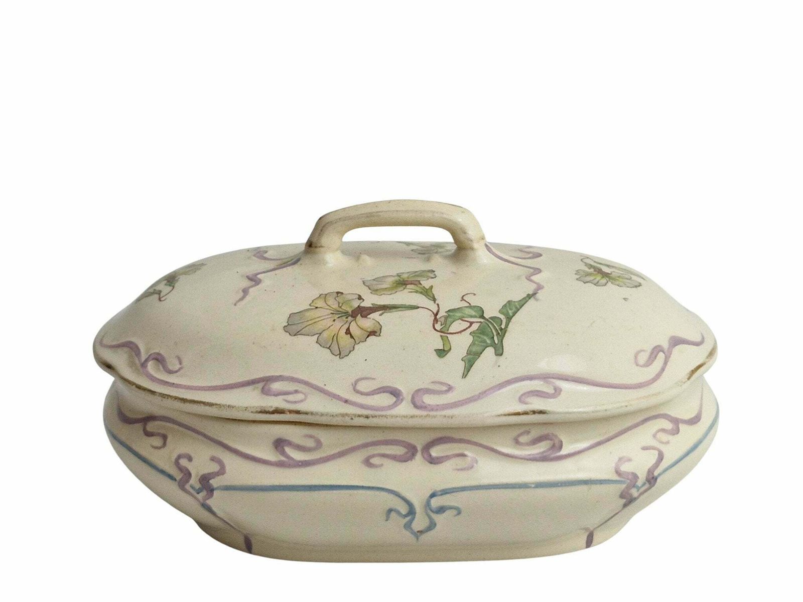 Art Nouveau Ceramic Jewelry Box With Flowers, Antique French Pottery Candy Dish