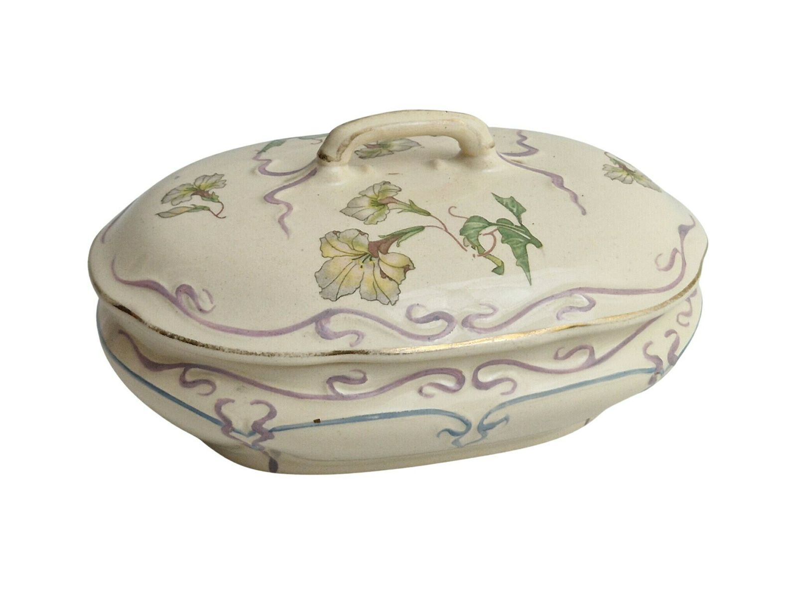 Art Nouveau Ceramic Jewelry Box With Flowers, Antique French Pottery Candy Dish photo vinterior