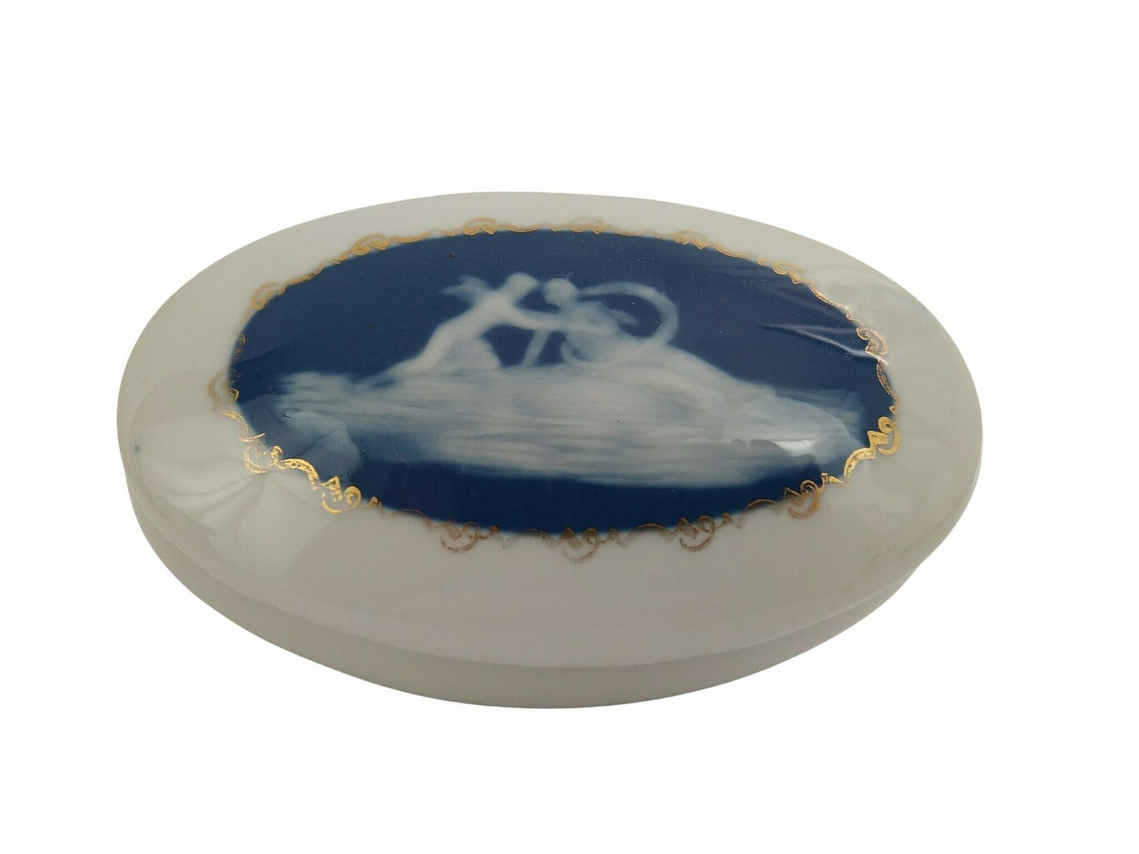 Antique Limoges Porcelain Jewelry Box By Camille Tharaud With Cupid And Psyche Cameo, Romantic French Blue And White Ceramic Trinket Dish photo furniture