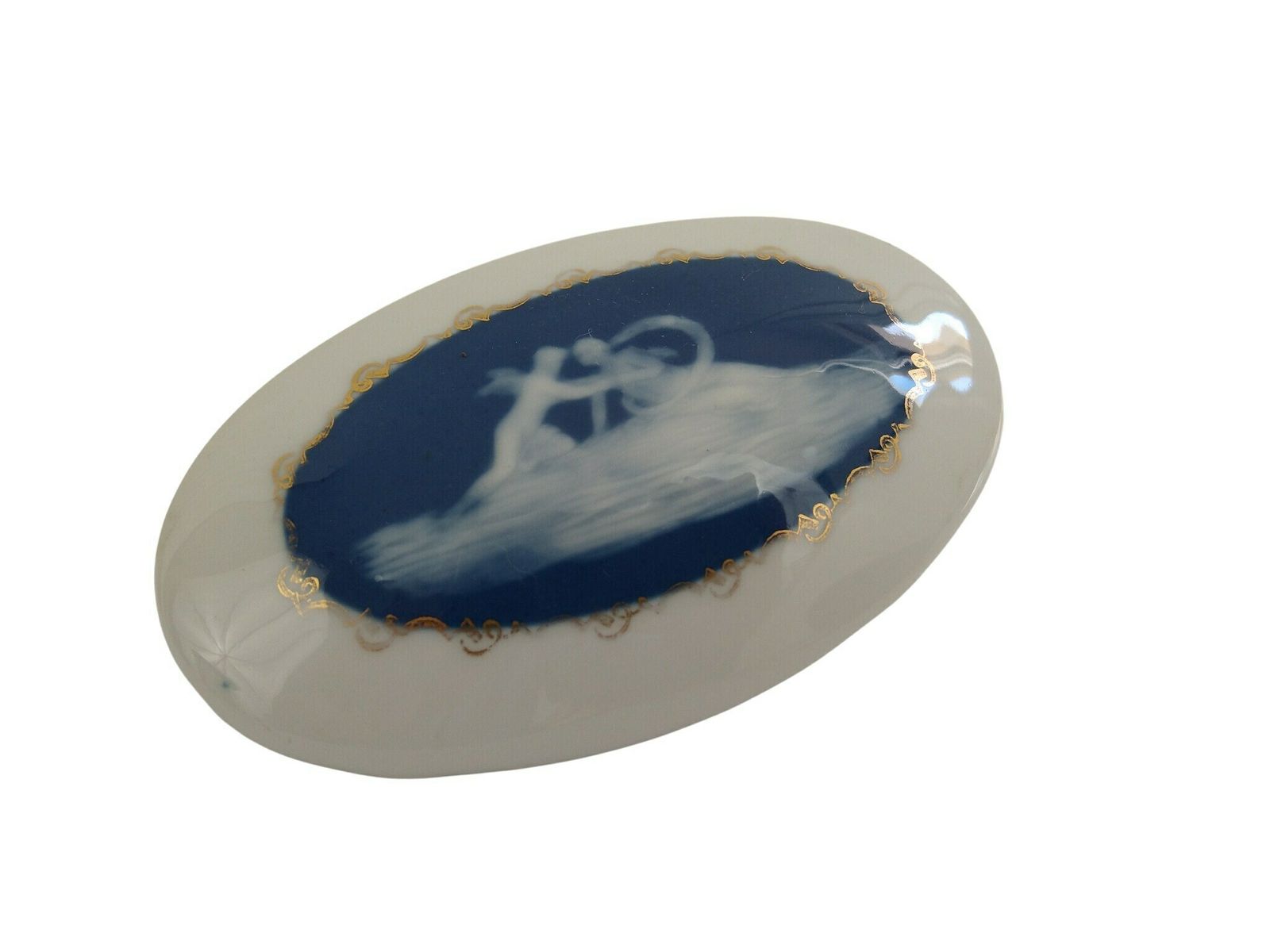 Antique Limoges Porcelain Jewelry Box By Camille Tharaud With Cupid And Psyche Cameo, Romantic French Blue And White Ceramic Trinket Dish photo 111.0