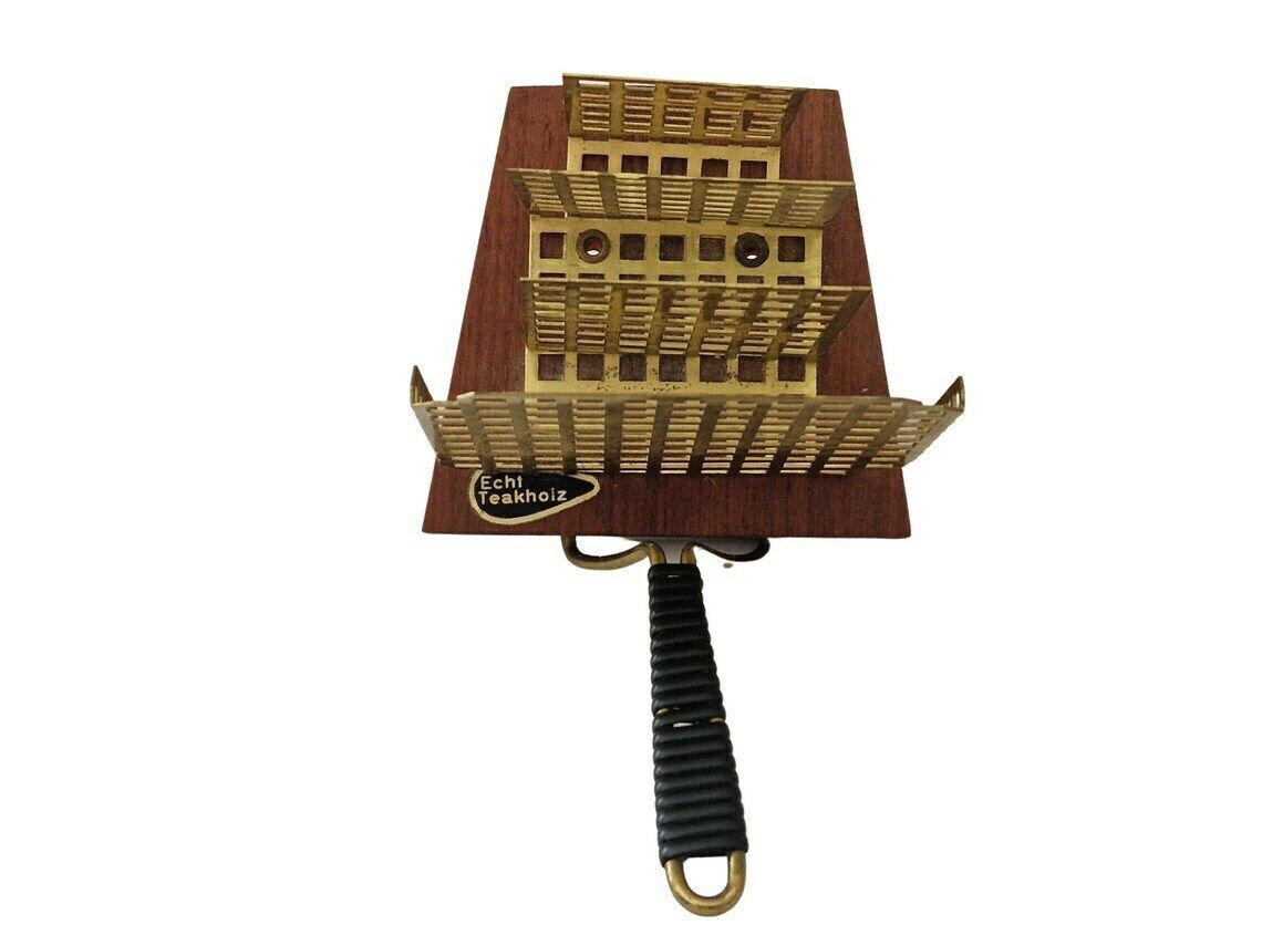 photo furniture Mid Century Teak And Brass Letter Holder Rack, Mcm Desk Mail Organizer