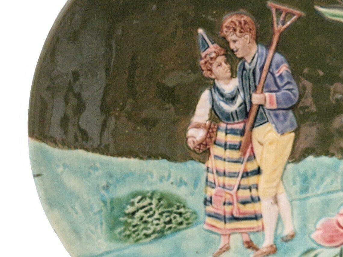 Bavarian Majolica Plate With Couple In Folk Costumes, Art Nouveau Ceramic Wall Decor photo Art