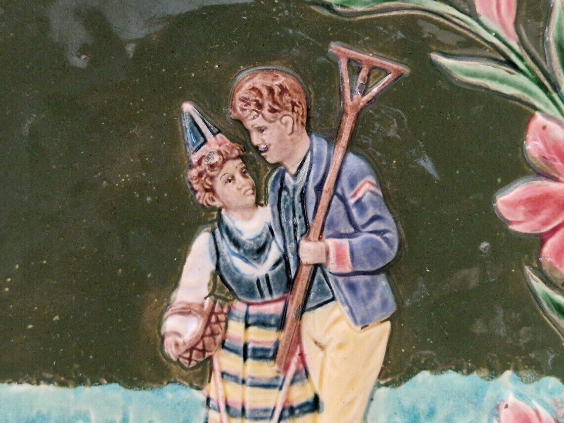 Bavarian Majolica Plate With Couple In Folk Costumes, Art Nouveau Ceramic Wall Decor photo 106.0
