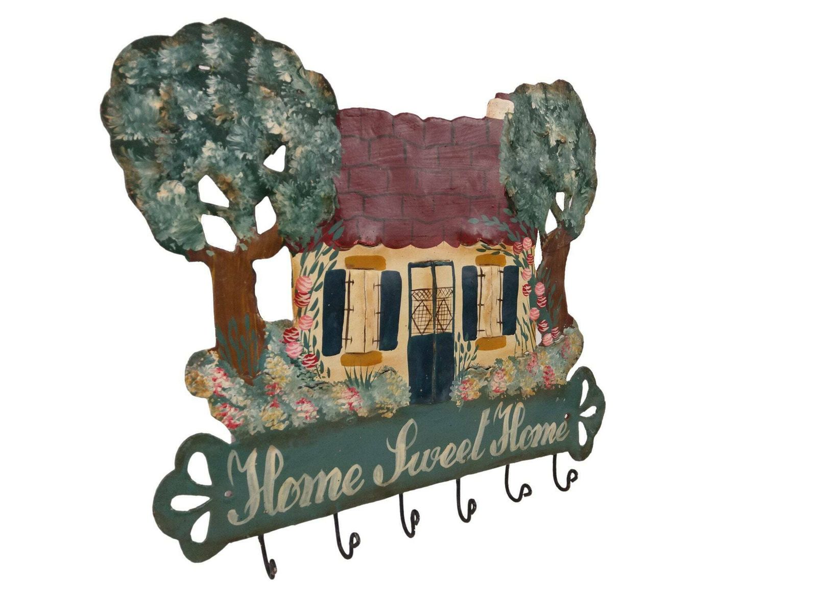 Vintage Home Sweet Home Wall Sign With Key Hooks, Hand Painted Country Cottage Decor, Kitchen Tea Towel Rack photo furniture