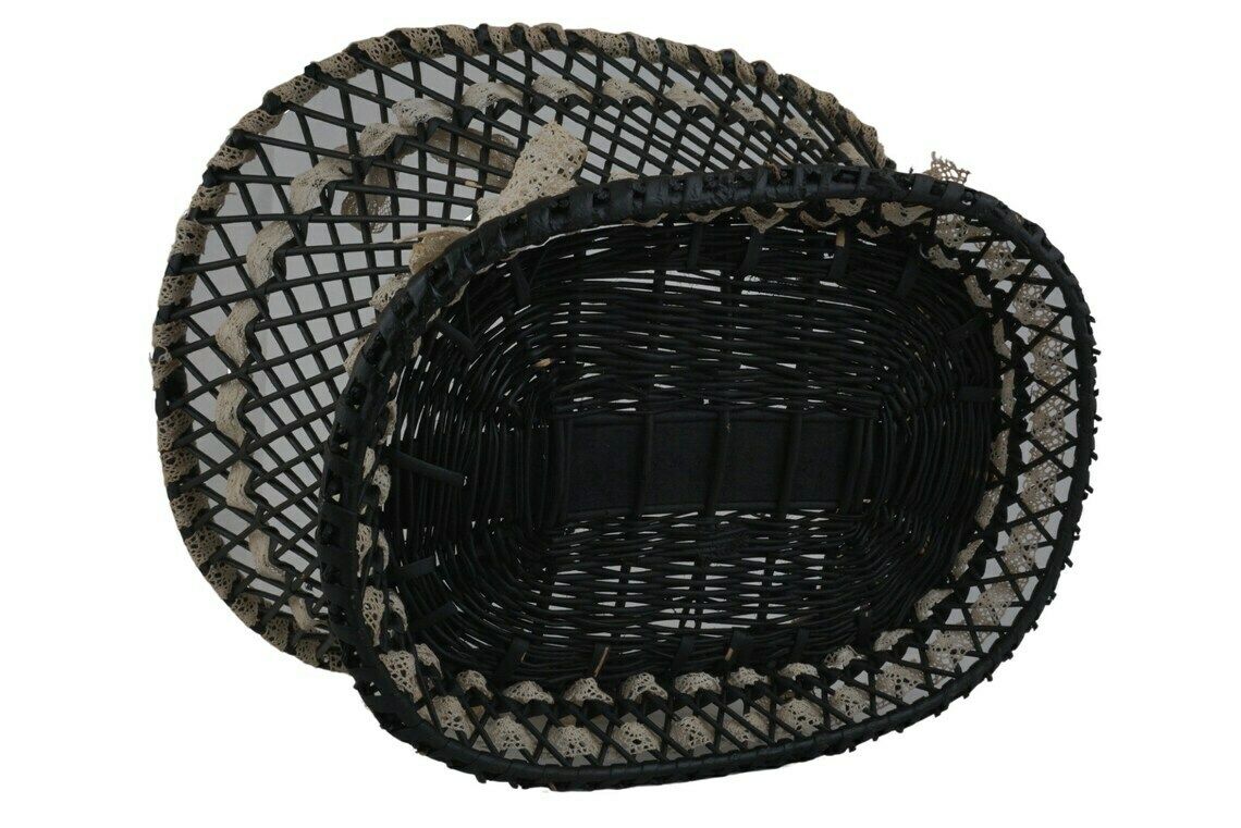 Antique French Wicker Basket With Ribbon Lace, Hand Woven Victorian Knitting Storage Bowl photo 106.0