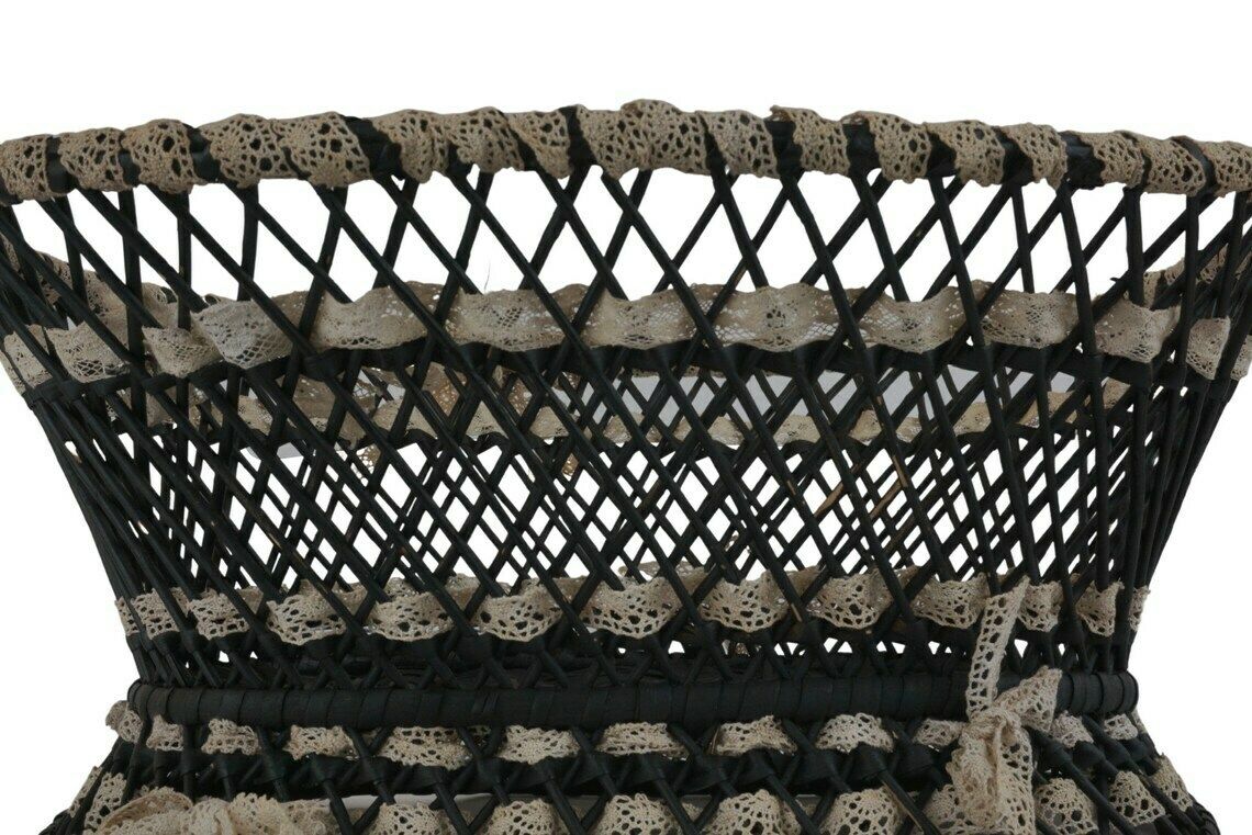 Antique French Wicker Basket With Ribbon Lace, Hand Woven Victorian Knitting Storage Bowl photo vinterior