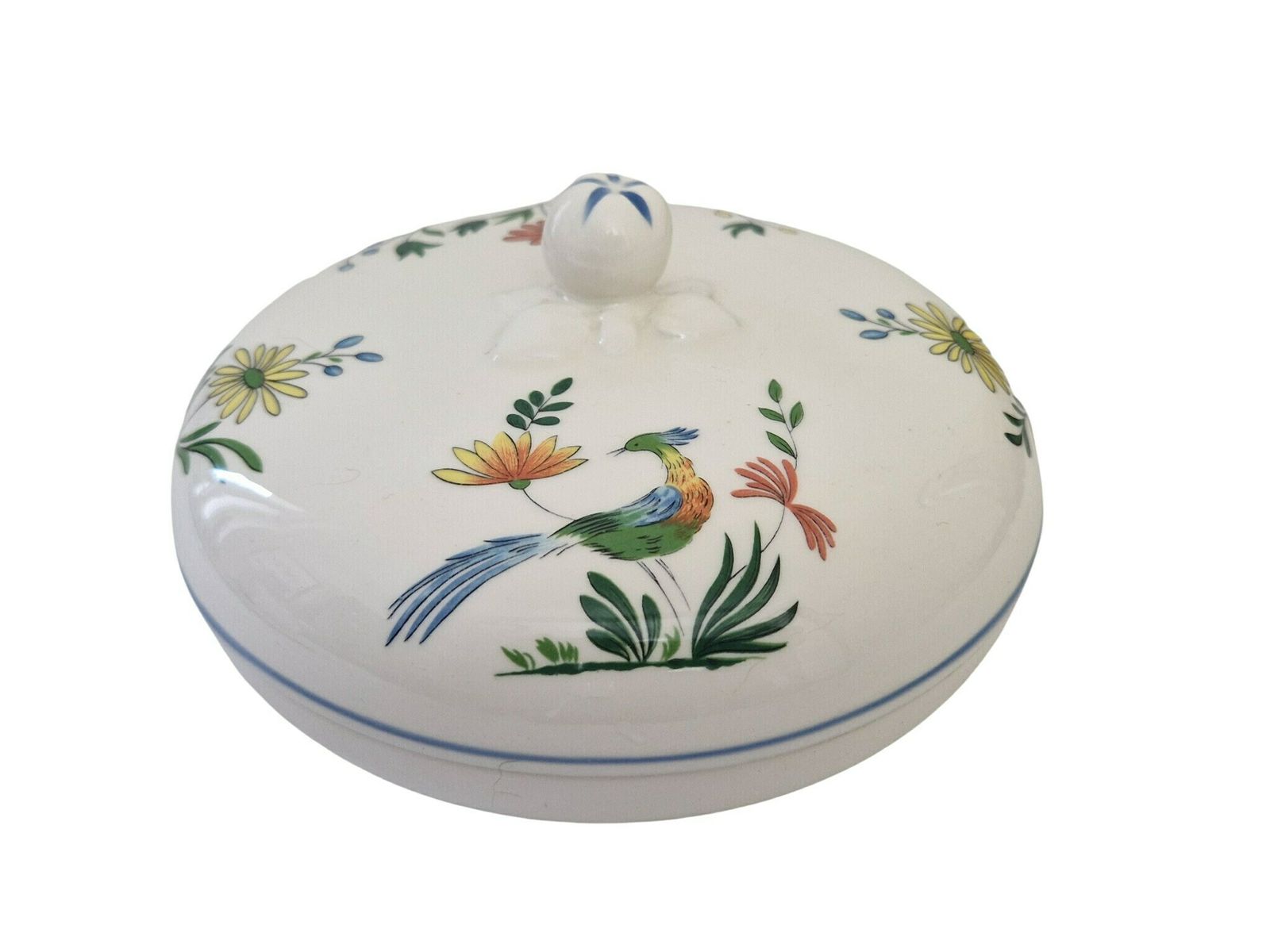 Gien Ceramic Candy Dish With Birds Of Paradise, French Faience Lidded Jewelry Box photo for sale