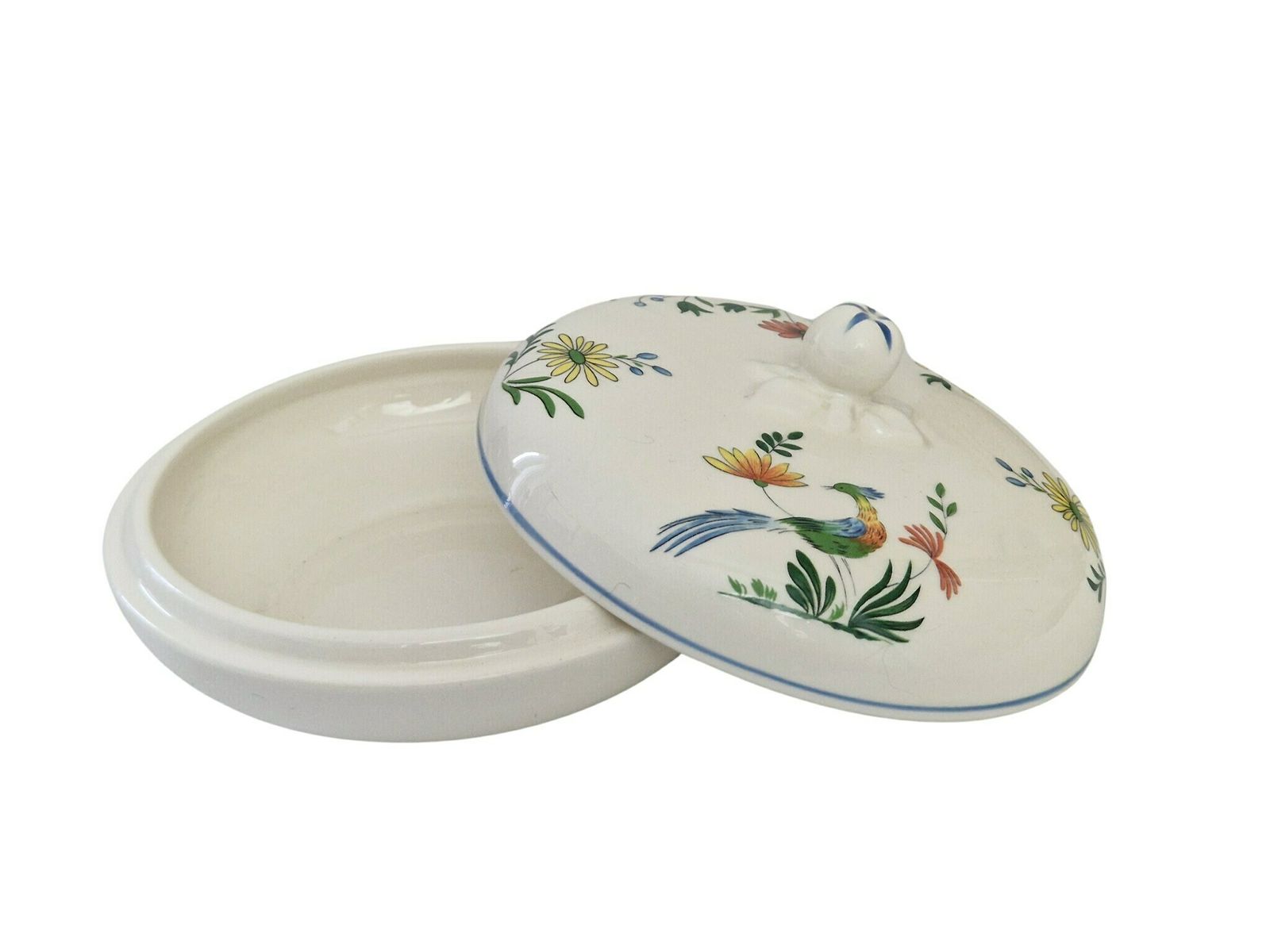 Gien Ceramic Candy Dish With Birds Of Paradise, French Faience Lidded Jewelry Box photo vinterior