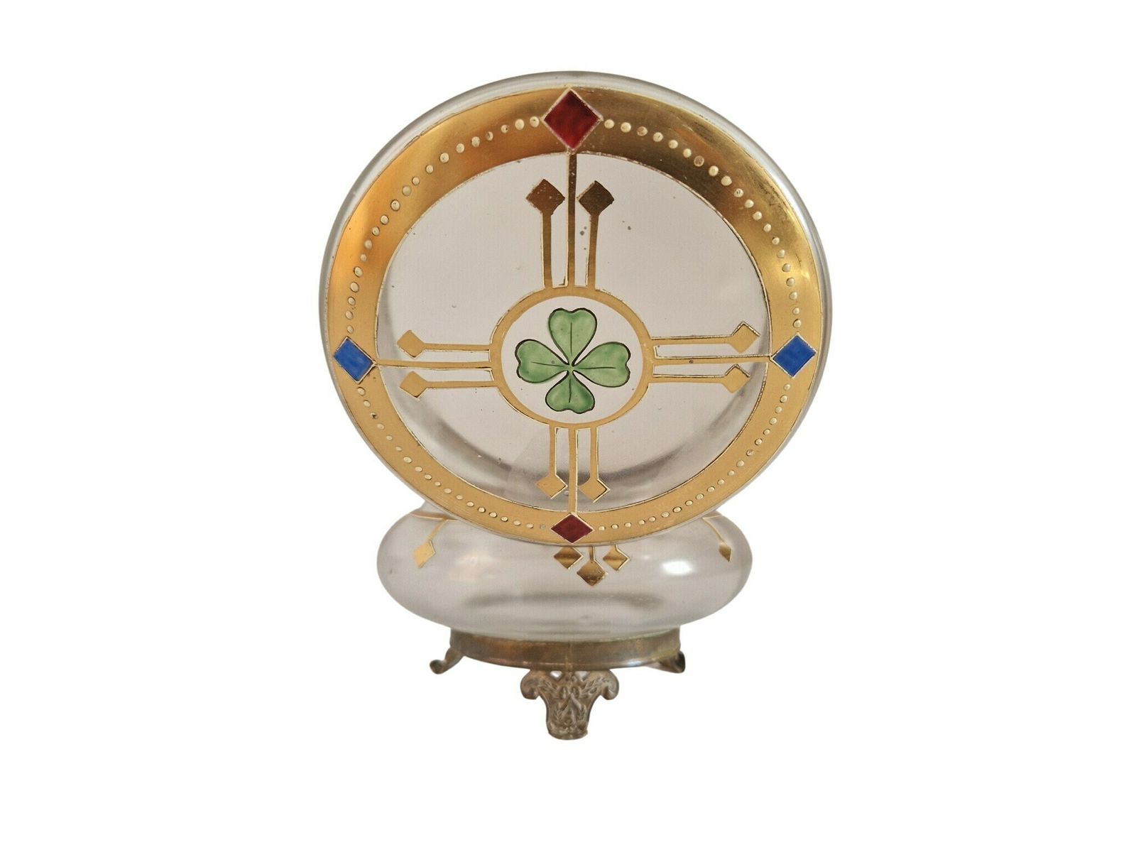 Art Nouveau Glass Candy Dish, French Antique Hand Painted Cookie Jar photo for sale