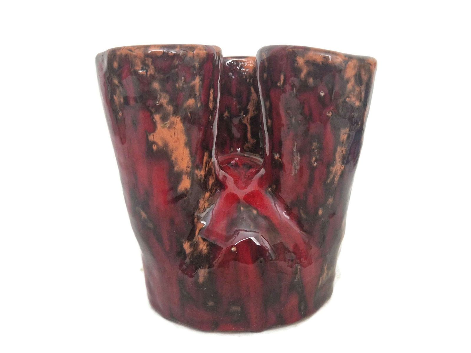 Mcm Studio Pottery Vase With Triple Stem Spouts, Mid Century Drip Glaze Abstract Vessel photo 132.0