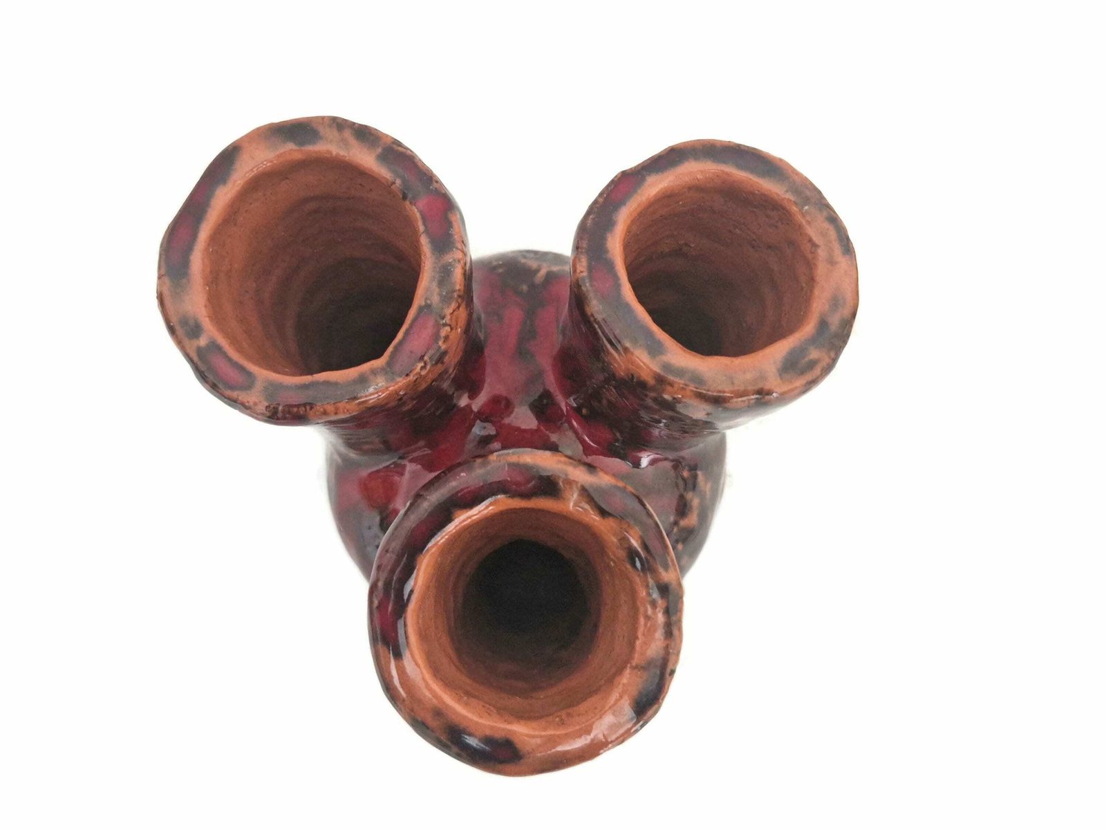 Mcm Studio Pottery Vase With Triple Stem Spouts, Mid Century Drip Glaze Abstract Vessel photo vintage