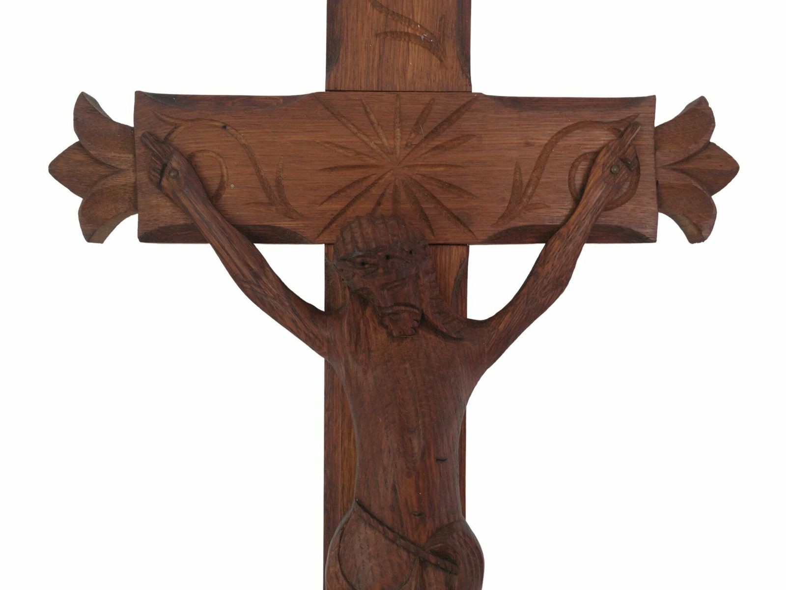 Primitive Hand Carved Wood Crucifix, Large French Wall Hanging Cross With Jesus Figurine photo for sale