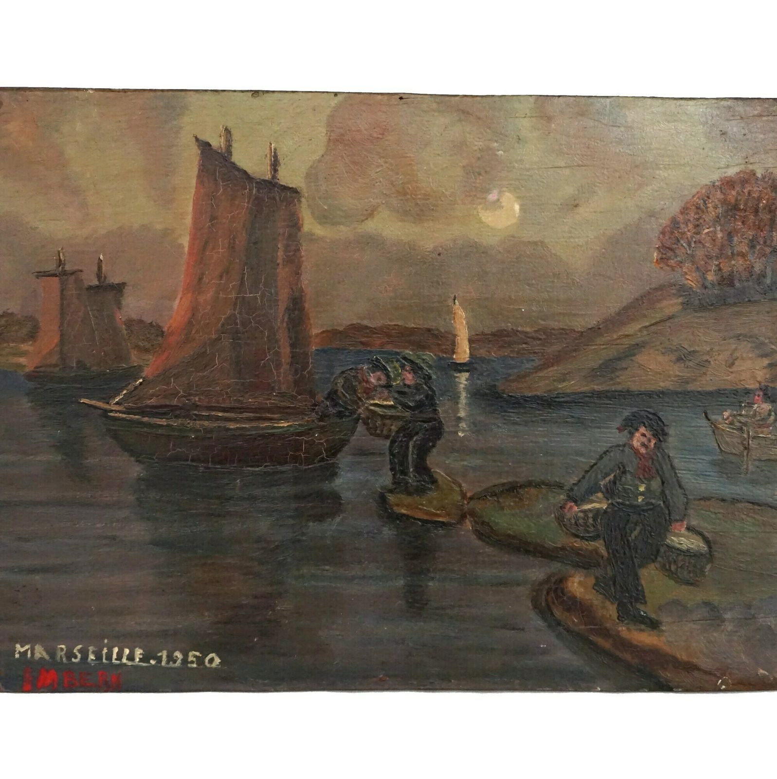 photo for sale Fishing Boat And Fisherman Boat Painting, Original French Mediterranean Sea Coastal Art