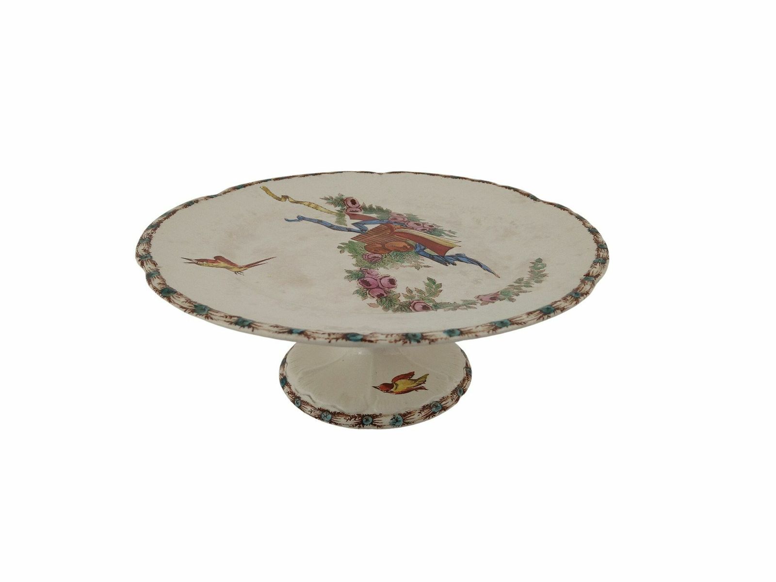 Antique French Transferware Cake Stand And Macaron Plate With Birds And Roses, Choisy Le Roi Ironstone Pedestal Compote Dish photo furniture