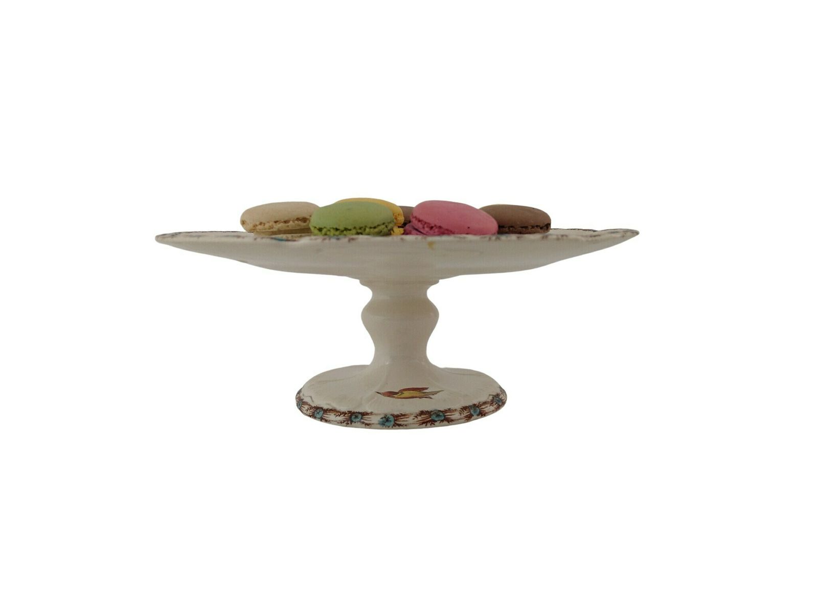 Antique French Transferware Cake Stand And Macaron Plate With Birds And Roses, Choisy Le Roi Ironstone Pedestal Compote Dish photo vintage
