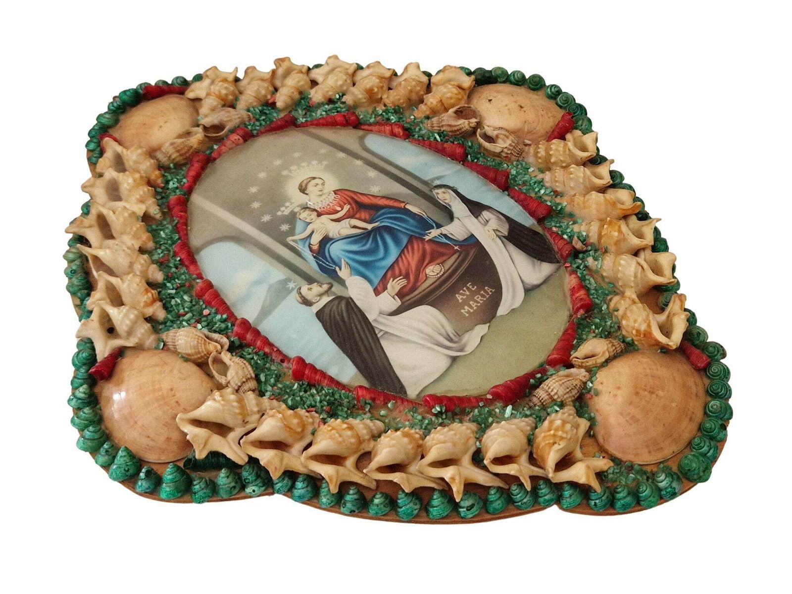 Mid Century Seashell Art Frame With Our Lady Of The Rosary, Vintage Mary And Jesus Portrait Art, Lady Of Pompeii Religious Souvenir. photo furniture