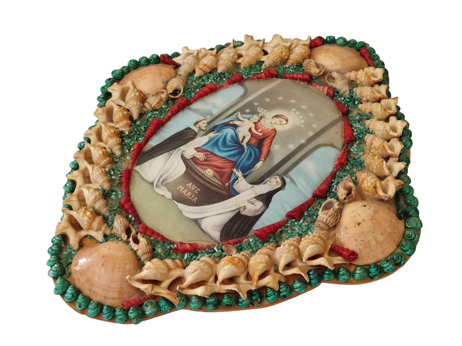 Mid Century Seashell Art Frame With Our Lady Of The Rosary, Vintage Mary And Jesus Portrait Art, Lady Of Pompeii Religious Souvenir. photo Art