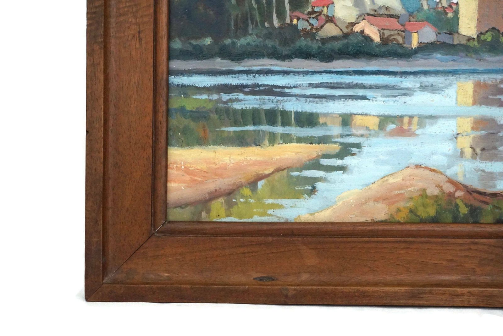 French River Landscape Painting With Tower And Fortress, Original Signed Art photo vinterior