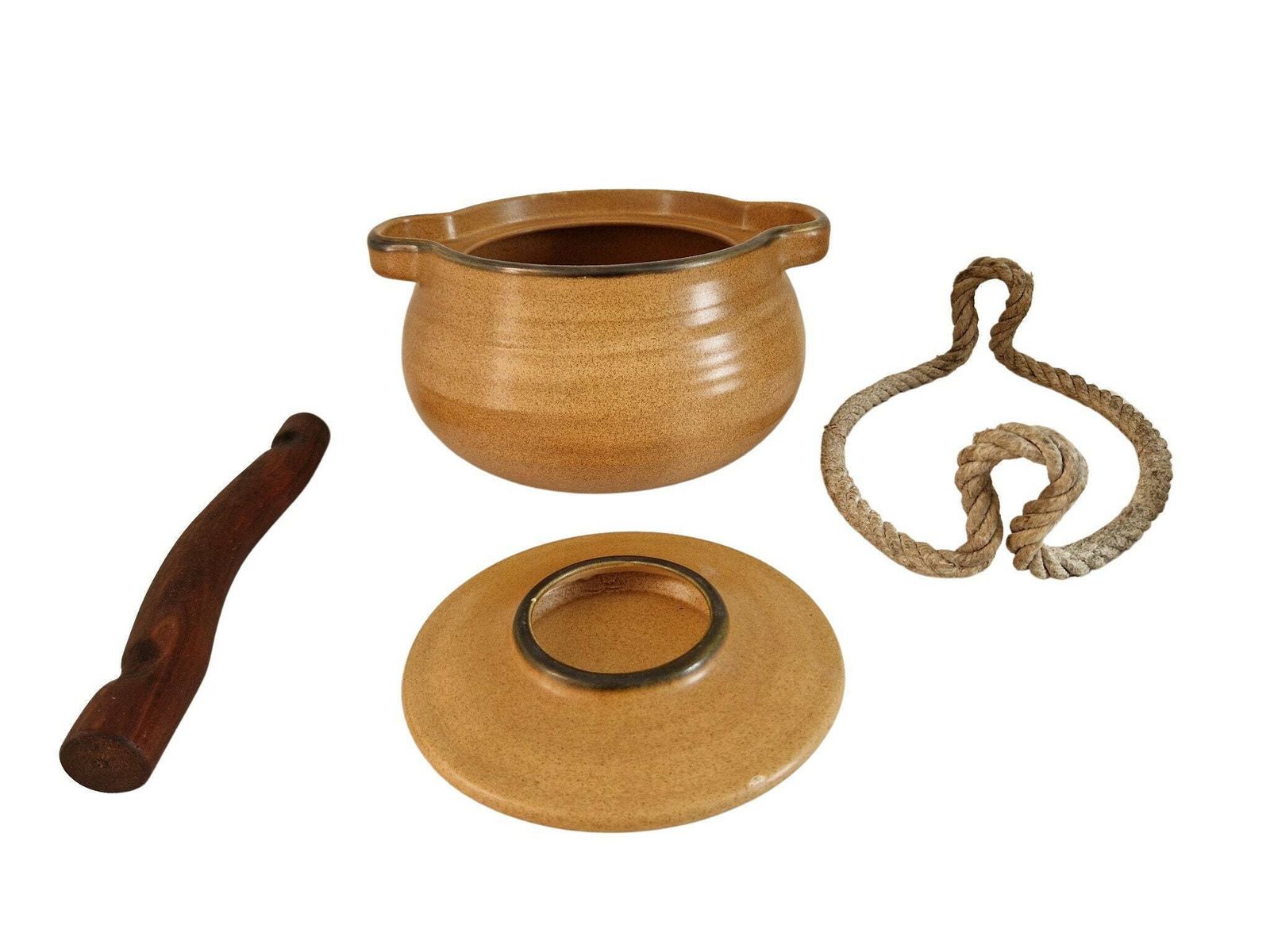 Vintage French Ceramic Casserole Dish With Rope And Wooden Handle, 1970s Salins Pottery Cooking Crock Pot photo 160.0