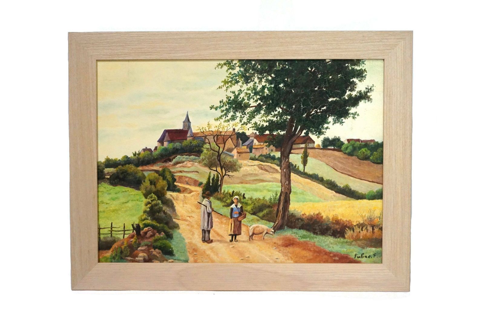Frans Landschapsschilderij Met Dorpsgezicht En Man En Vrouw Met Varken, Rustiek Tafereel photo for sale