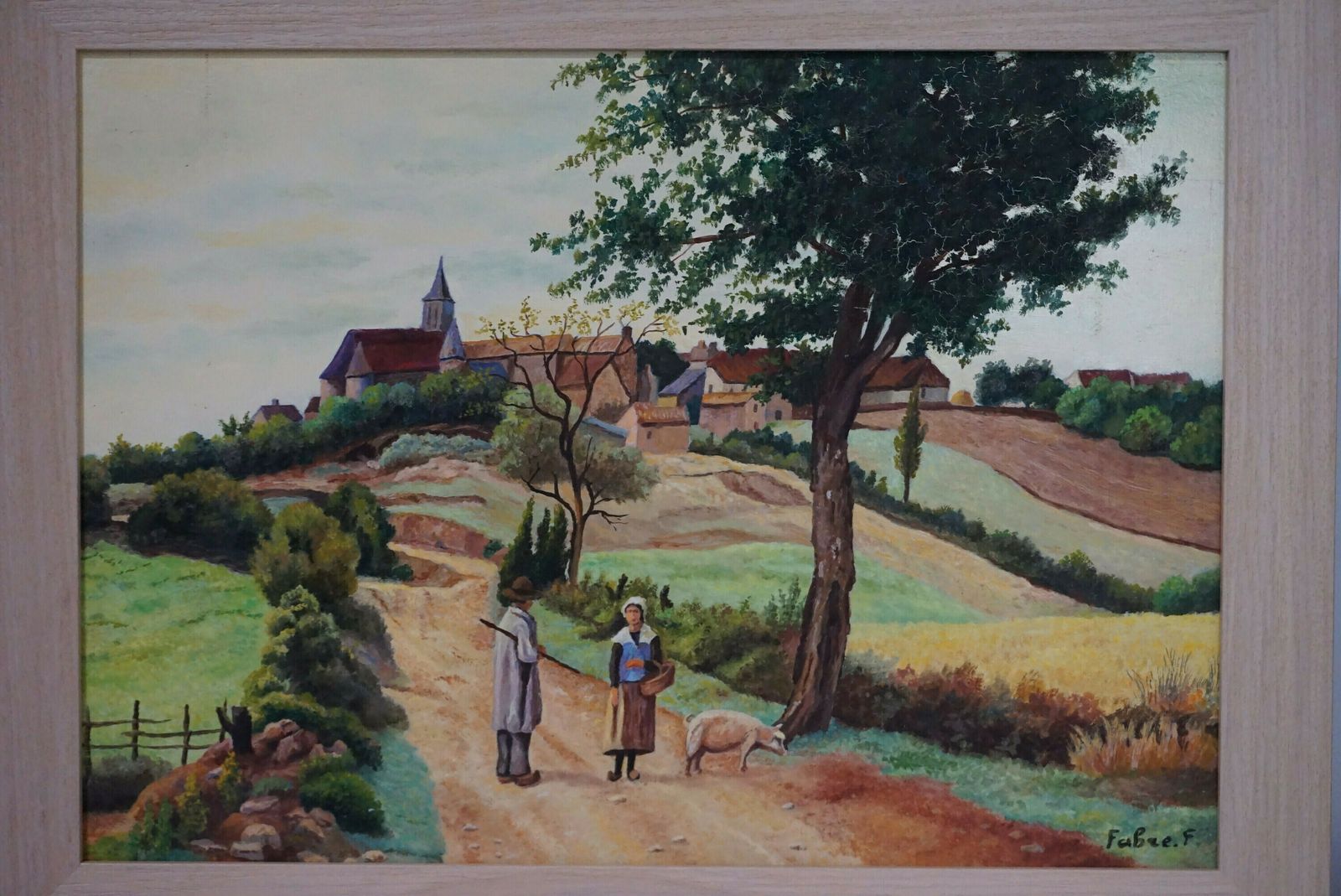 French Country Landscape Painting With Village And Man And Woman With Pig, Rustic Scenic Art photo Art