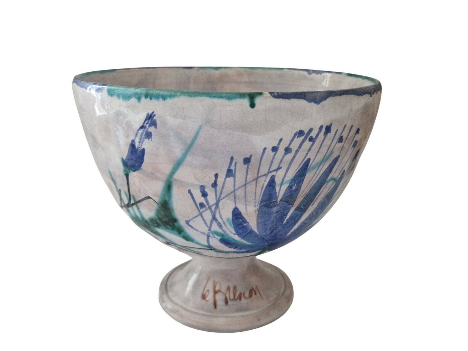 Art Pottery Fruit Bowl With Thistle Flowers By Le Brescon, French Mid Century Ceramic Centerpiece
