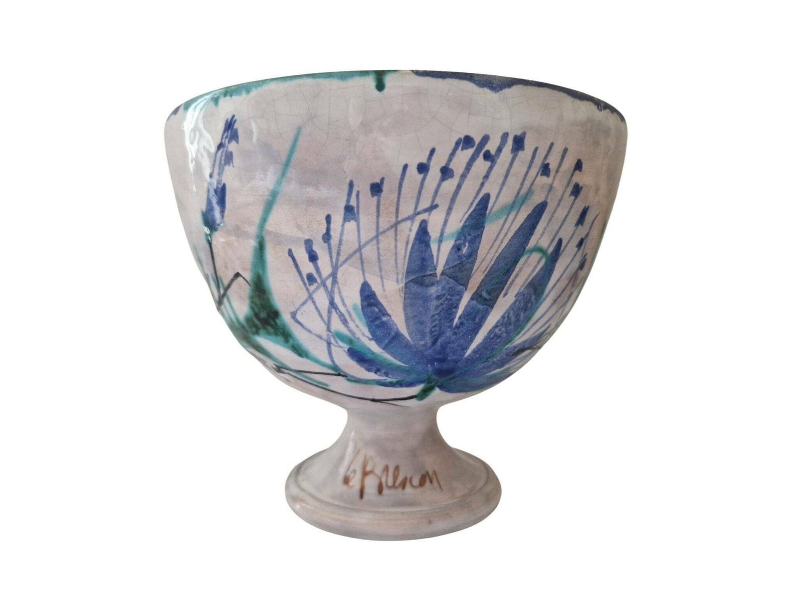 Art Pottery Fruit Bowl With Thistle Flowers By Le Brescon, French Mid Century Ceramic Centerpiece photo furniture