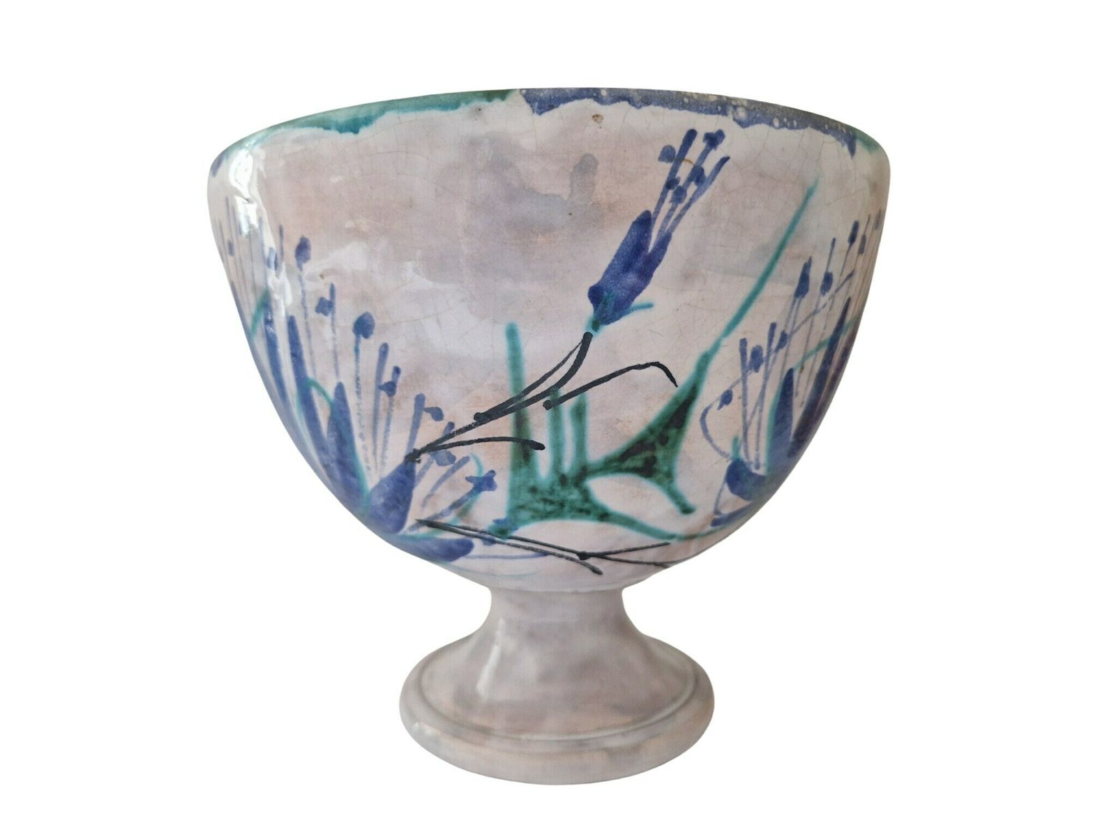 Art Pottery Fruit Bowl With Thistle Flowers By Le Brescon, French Mid Century Ceramic Centerpiece photo for sale