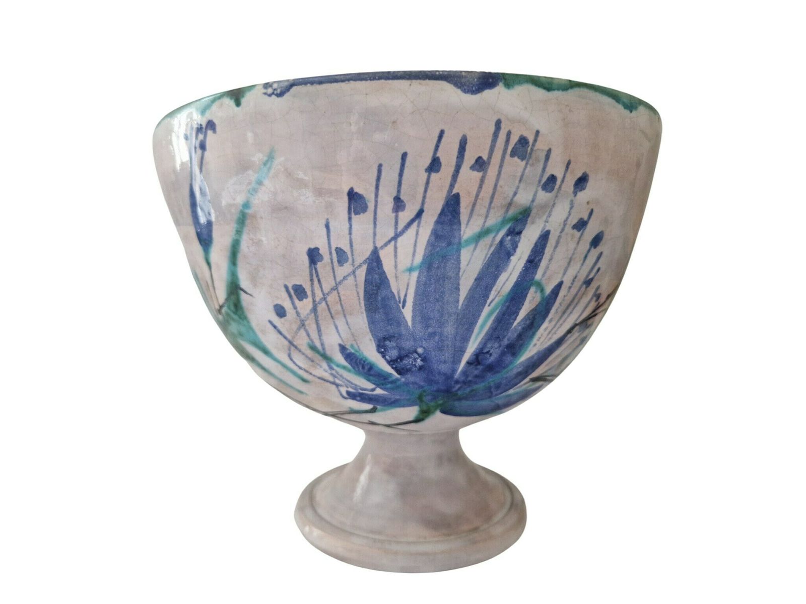 Art Pottery Fruit Bowl With Thistle Flowers By Le Brescon, French Mid Century Ceramic Centerpiece photo 179.0
