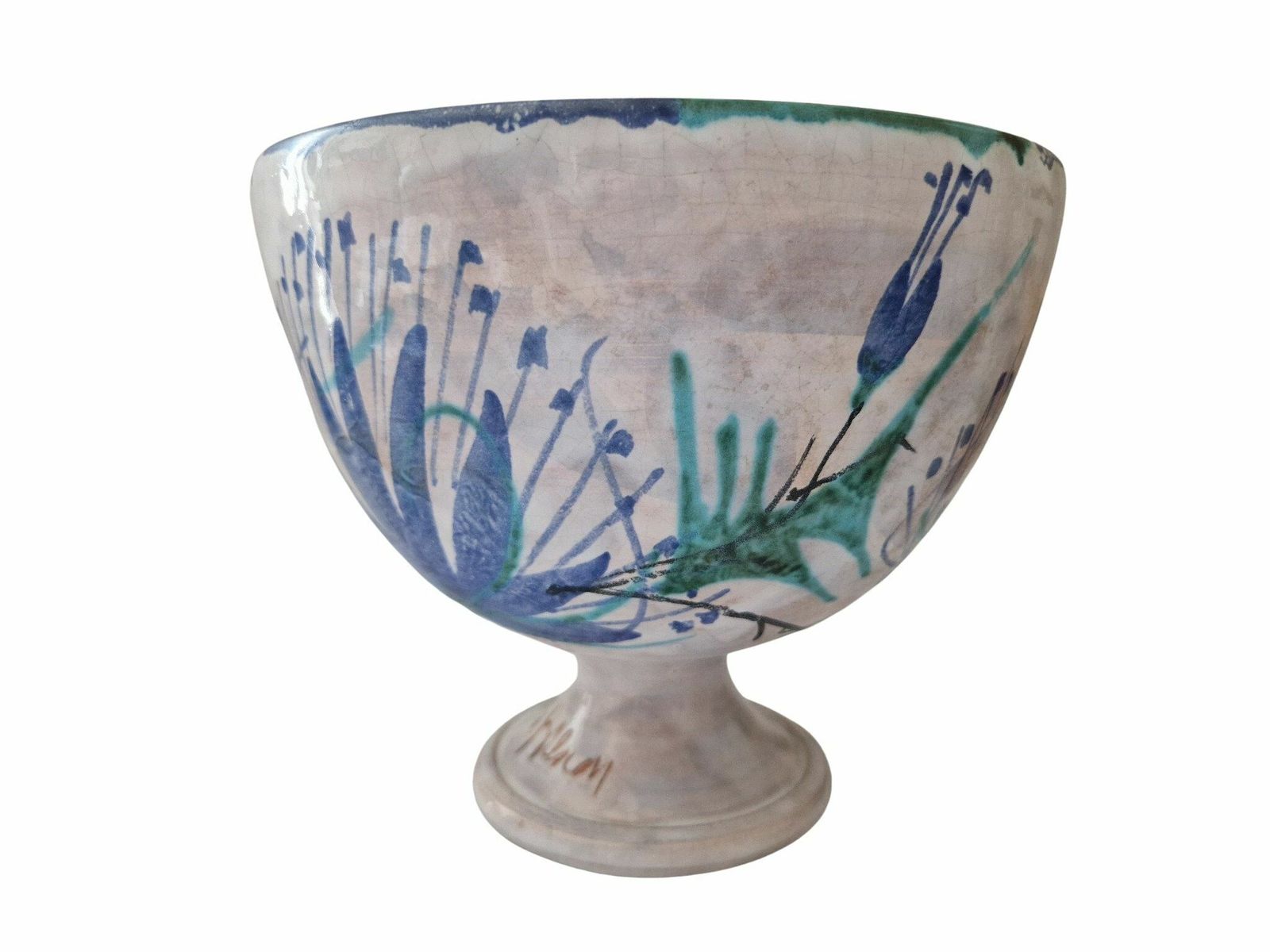 Art Pottery Fruit Bowl With Thistle Flowers By Le Brescon, French Mid Century Ceramic Centerpiece photo buy