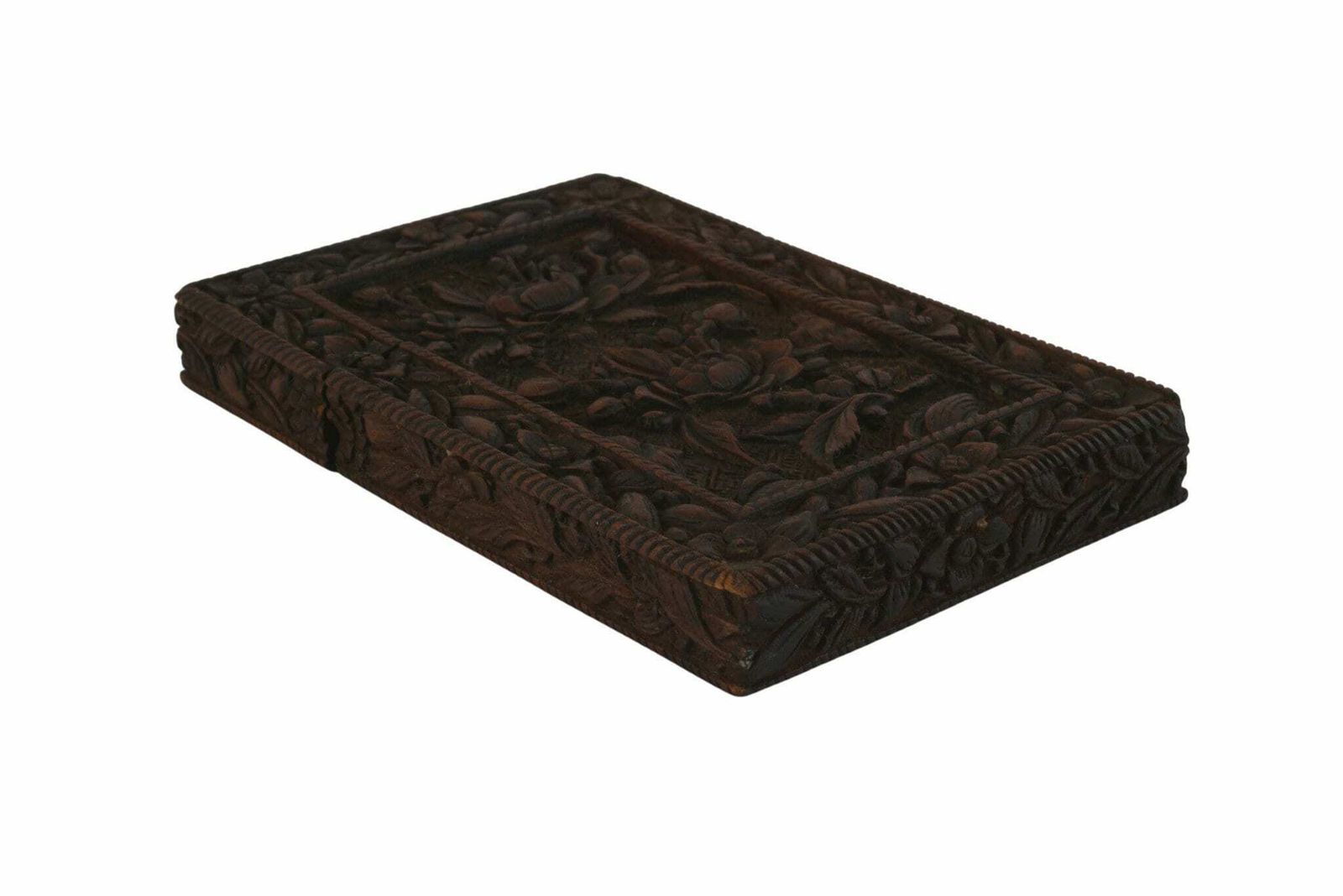 photo furniture Antique Chinese Hand Carved Sandalwood Calling Card Case With Flowers, Victorian Wooden Box