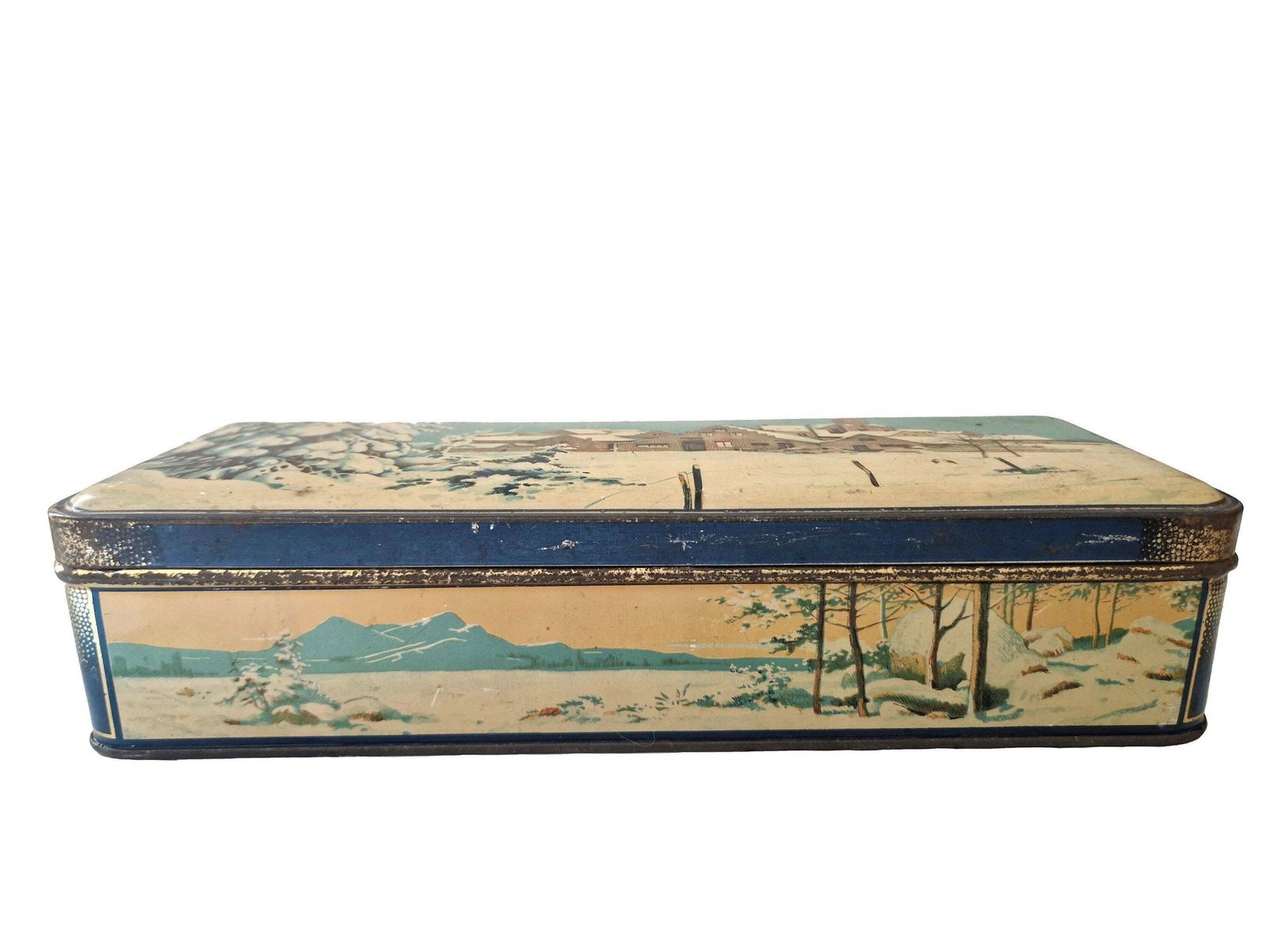French Tin Candy Box With Snowy Winter Scene And Village In Country Landscape photo furniture