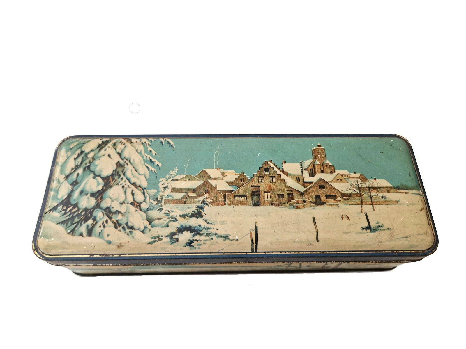 French Tin Candy Box With Snowy Winter Scene And Village In Country Landscape photo for sale