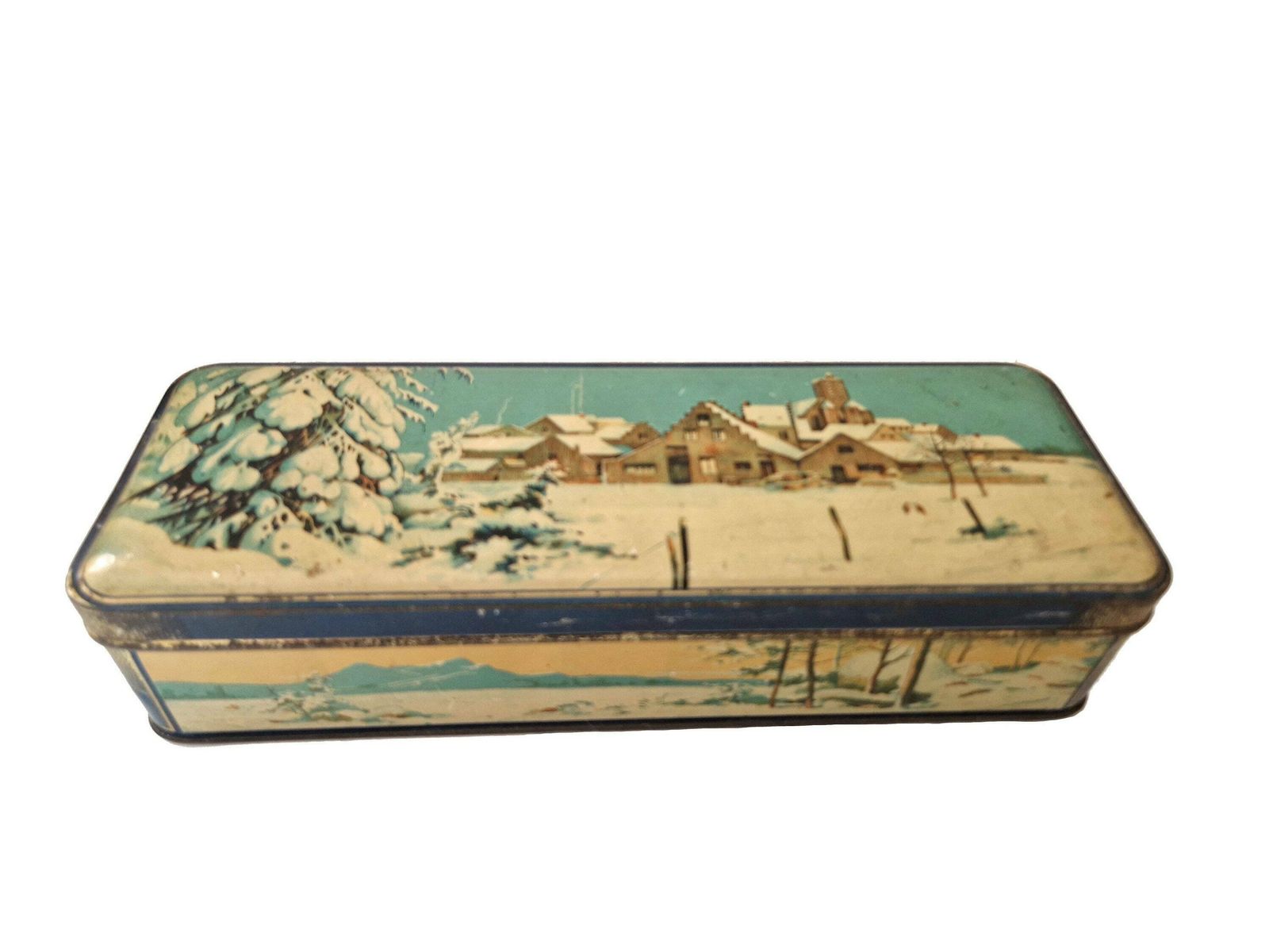 French Tin Candy Box With Snowy Winter Scene And Village In Country Landscape photo Home Decor
