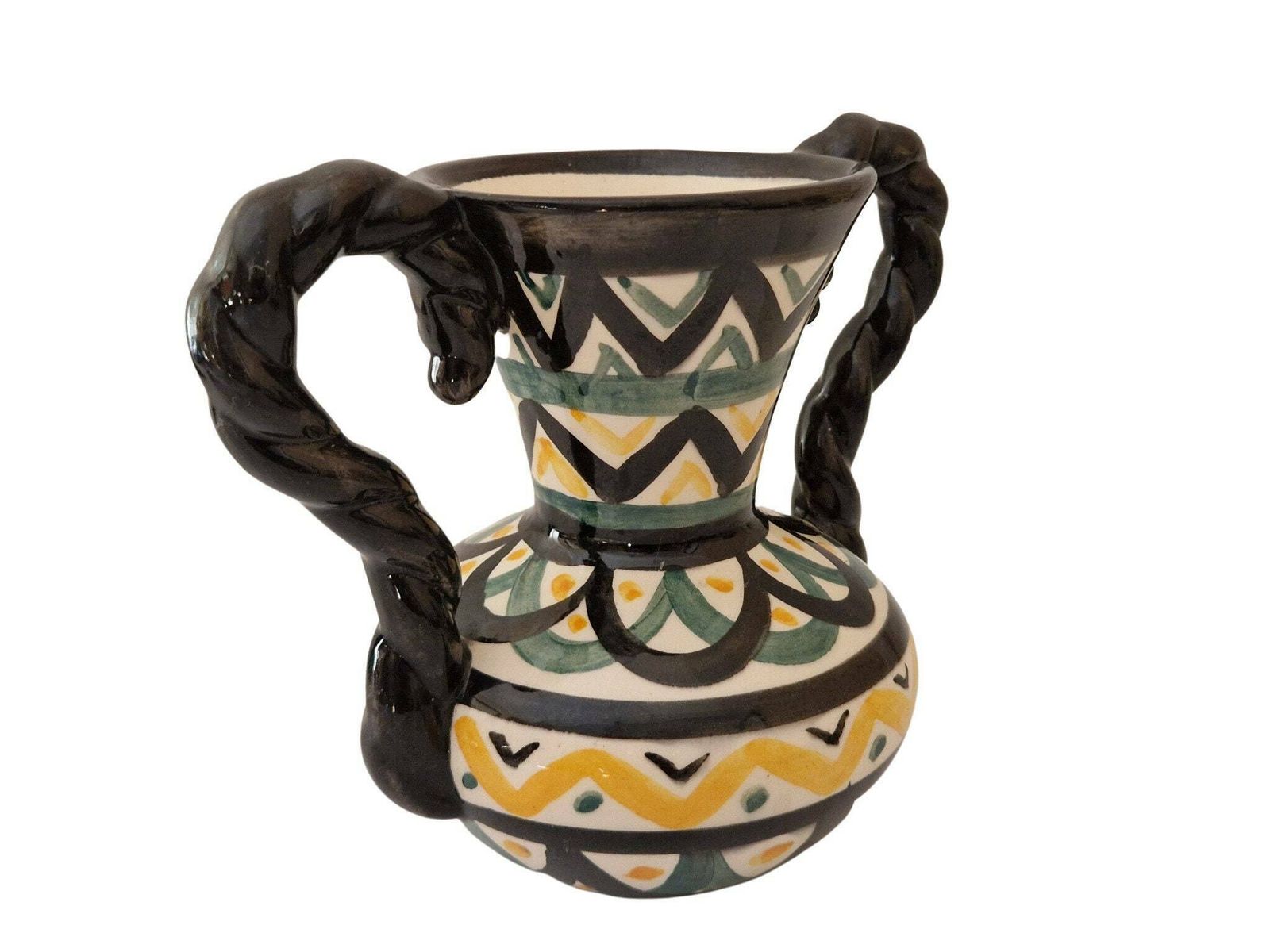 Mid Century Pottery Vase With Handles By Saint Jean De Bretagne, Hand Painted French Breton Ceramic photo for sale