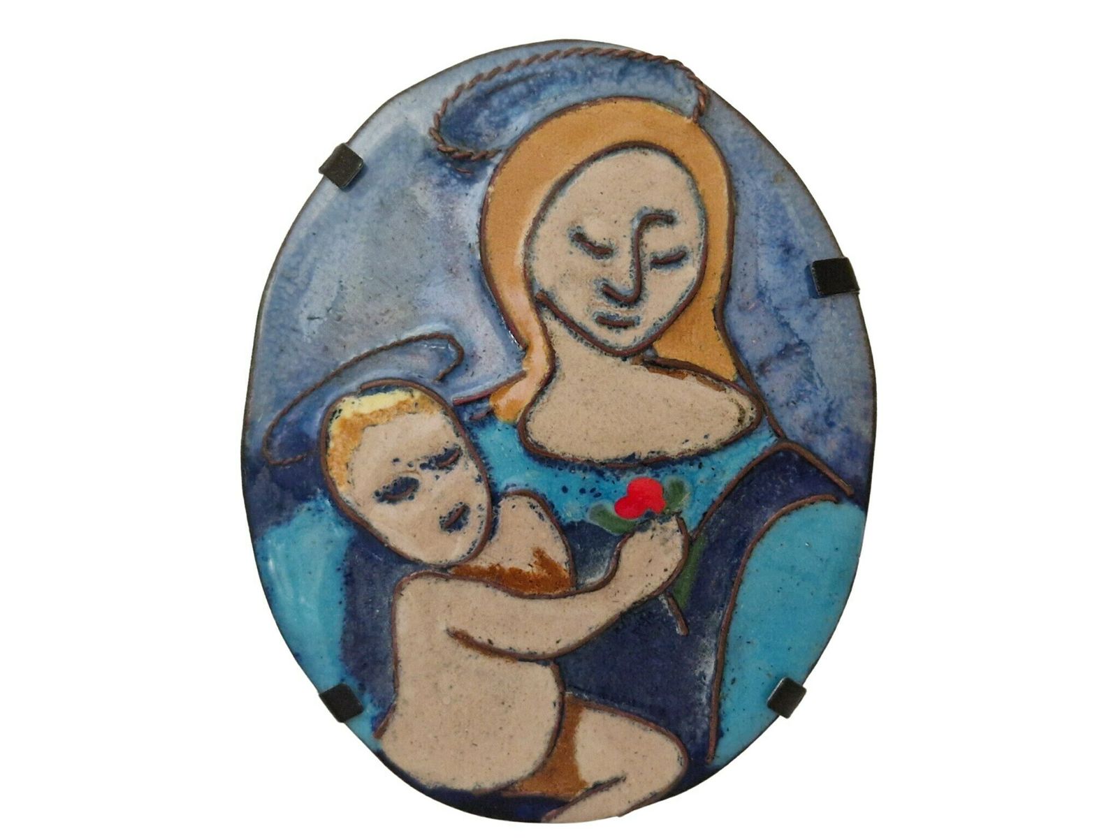 Madonna And Child Enamel Painting Medallion, Hand Painted Virgin Mary And Jesus Portrait photo for sale