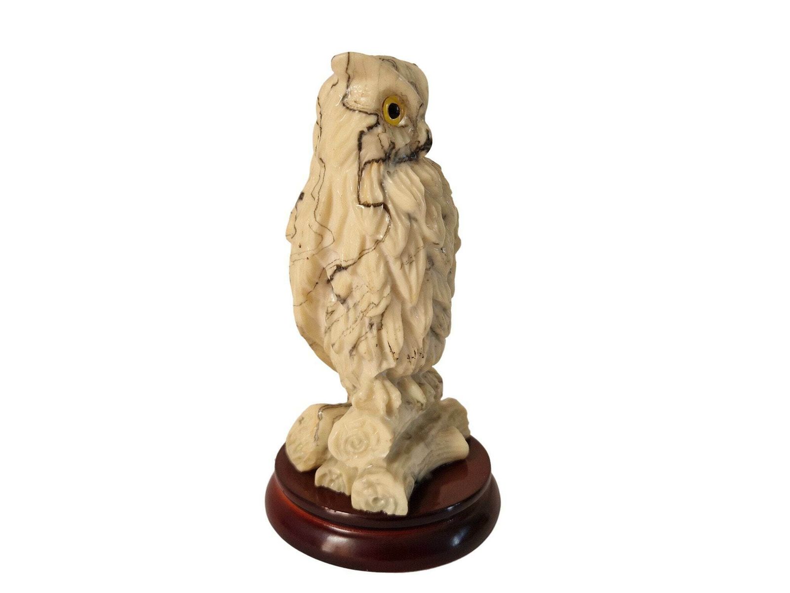 Resin Owl Figurine With Glass Eyes, Collectible Marble Effect Bird Statue photo for sale