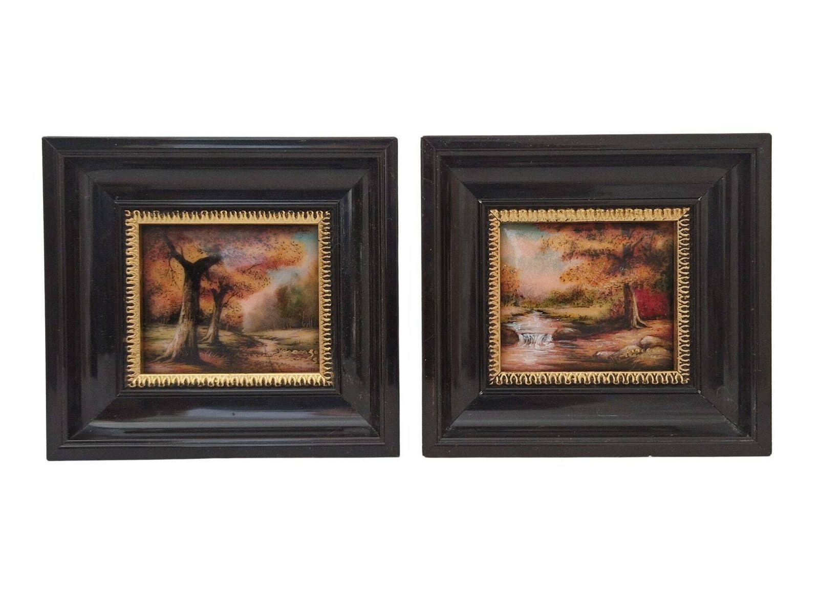 Miniature Limoges Enamel Paintings By Jean Grange, Set Of 2 Fall Tree Country Landscapes