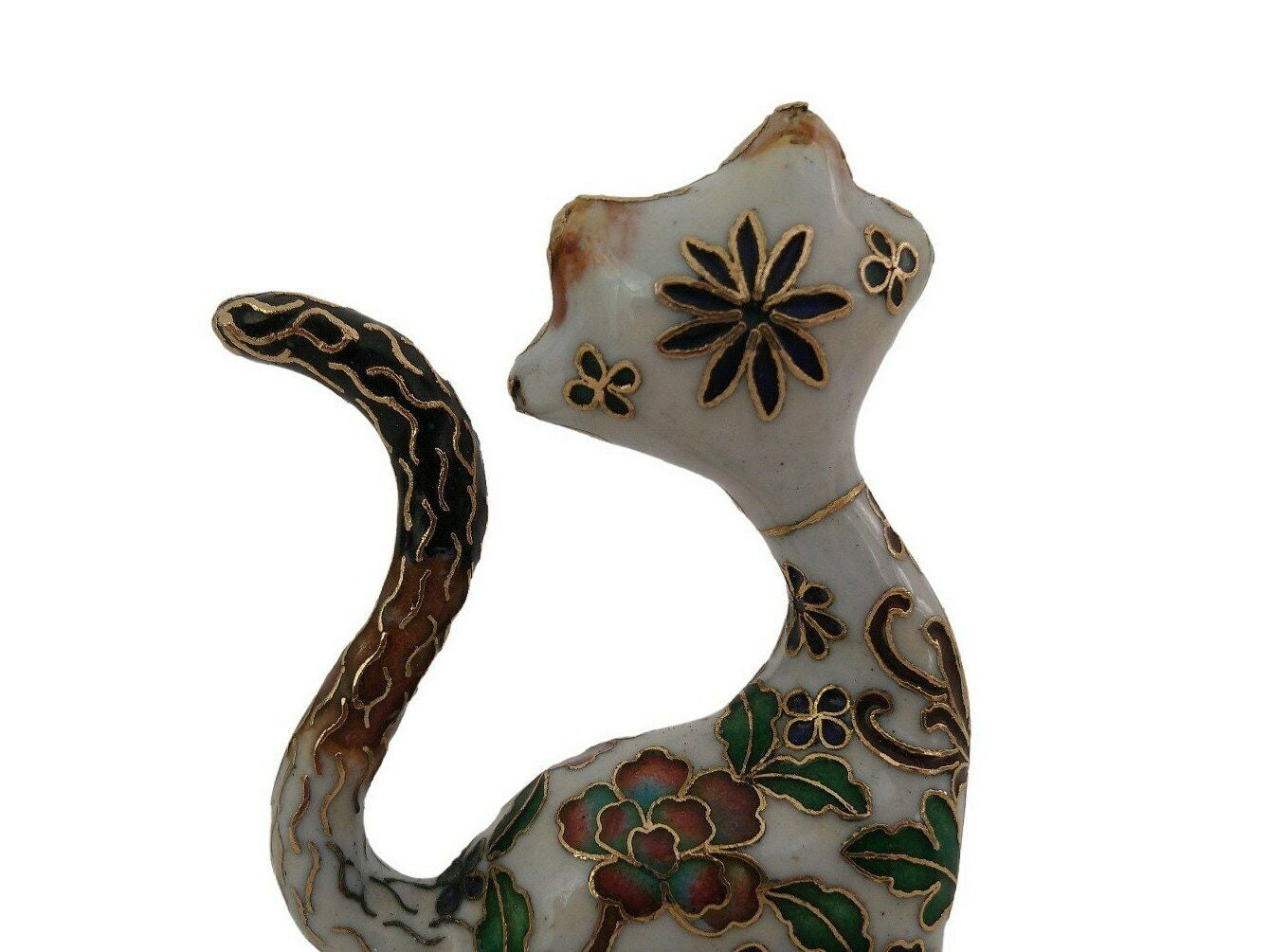 Vintage Chinese Cloisonne Cat Figurine, Collectible Enamel Brass Animal Figure photo 53.0