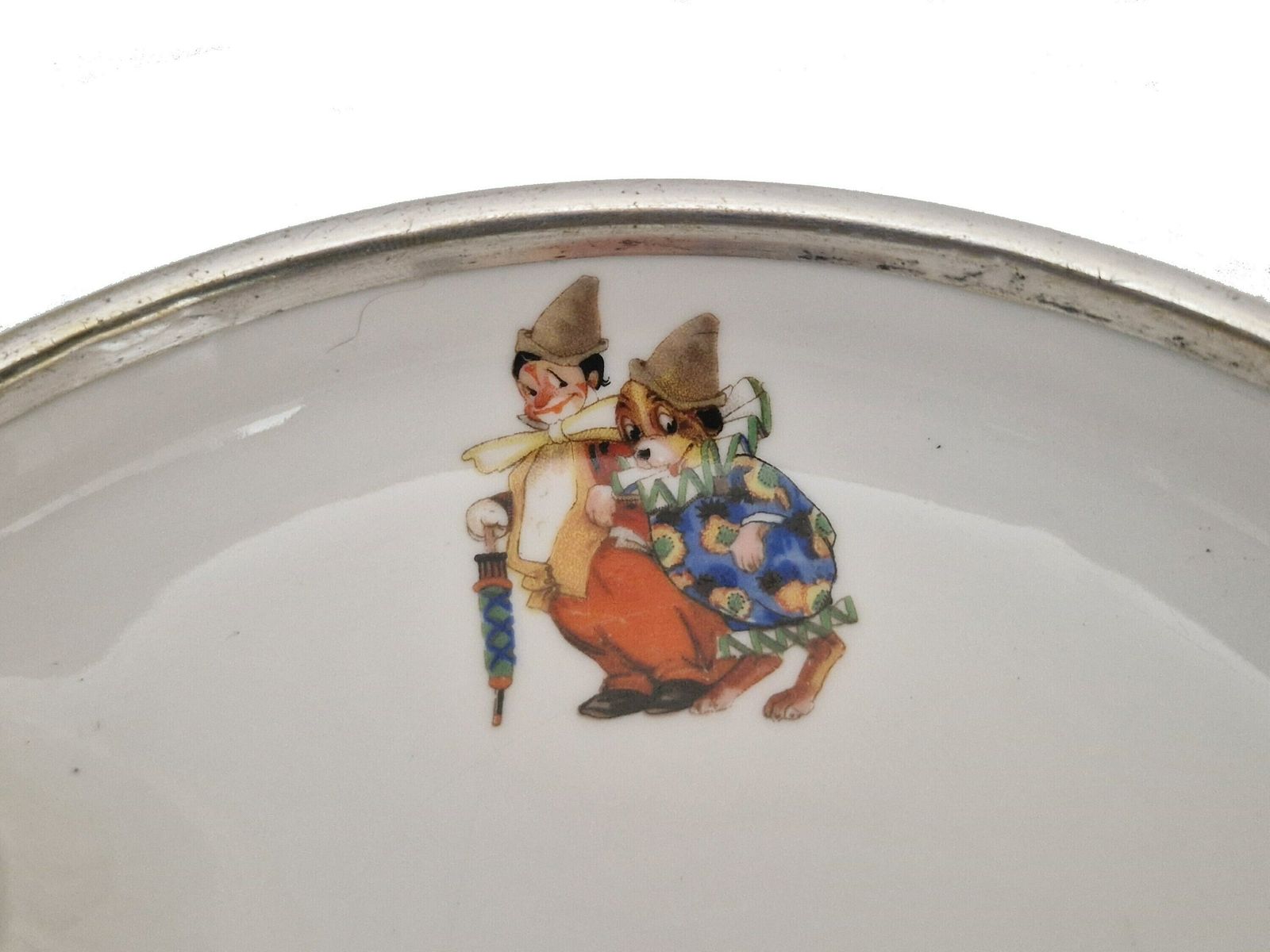 Baby Feeding Bowl With Art Deco Children Illustrations, Porcelain Food Warming Dish photo vinterior
