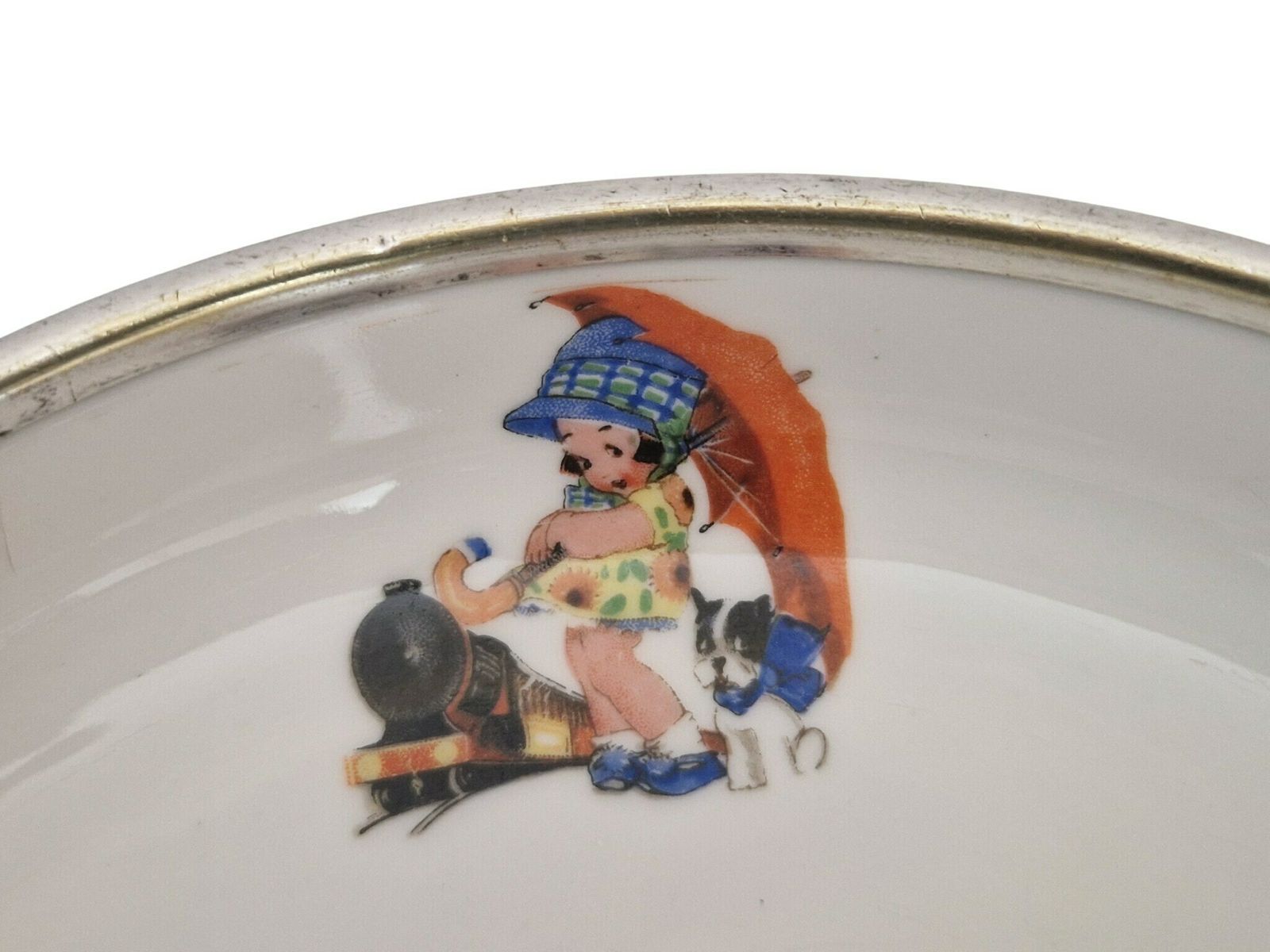 Baby Feeding Bowl With Art Deco Children Illustrations, Porcelain Food Warming Dish photo buy