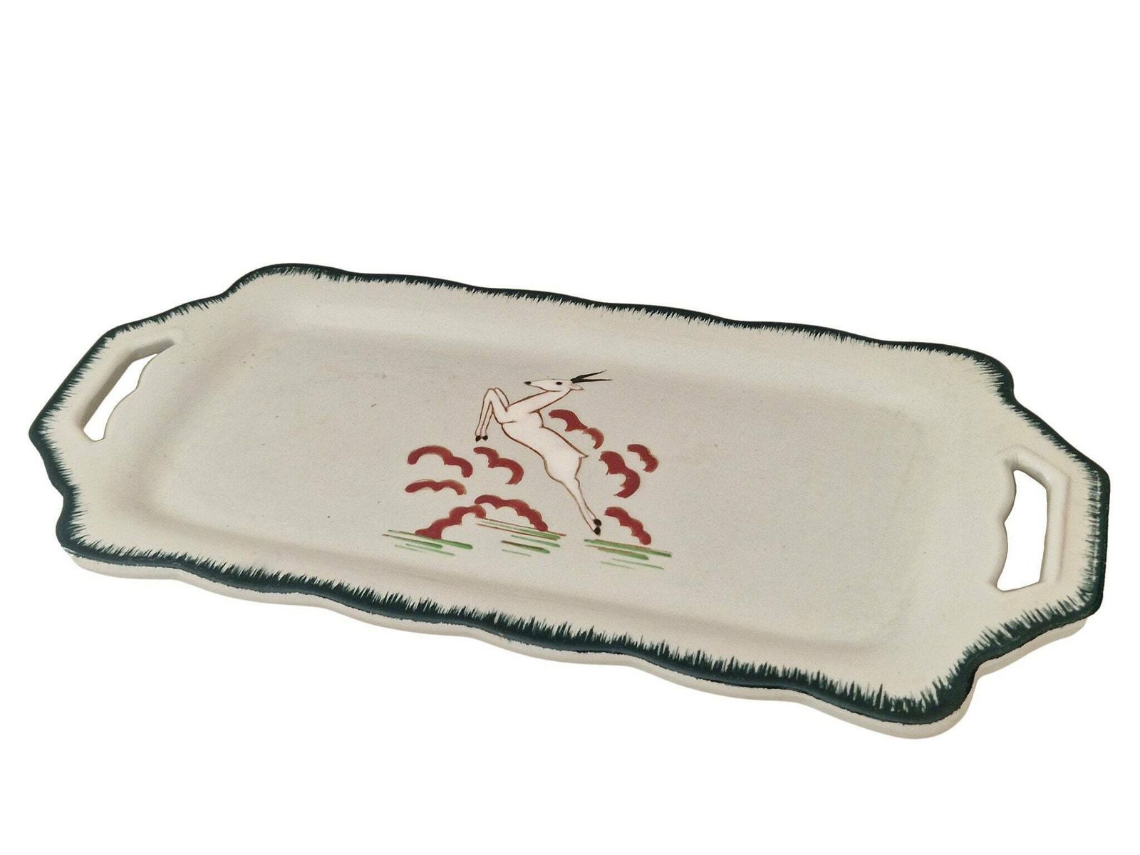 Art Deco Celadon Ceramic Cake Platter By Longwy With Hand Painted Enamel Gazelle, French Faience Snack Tray photo 160.0
