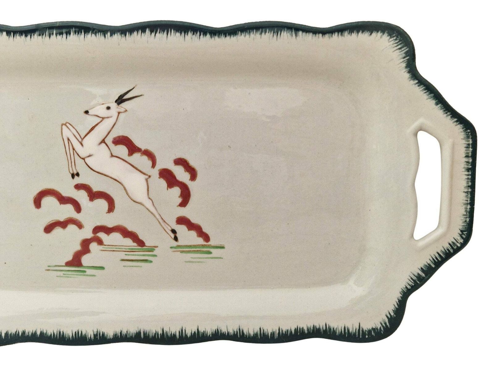 Art Deco Celadon Ceramic Cake Platter By Longwy With Hand Painted Enamel Gazelle, French Faience Snack Tray photo vintage