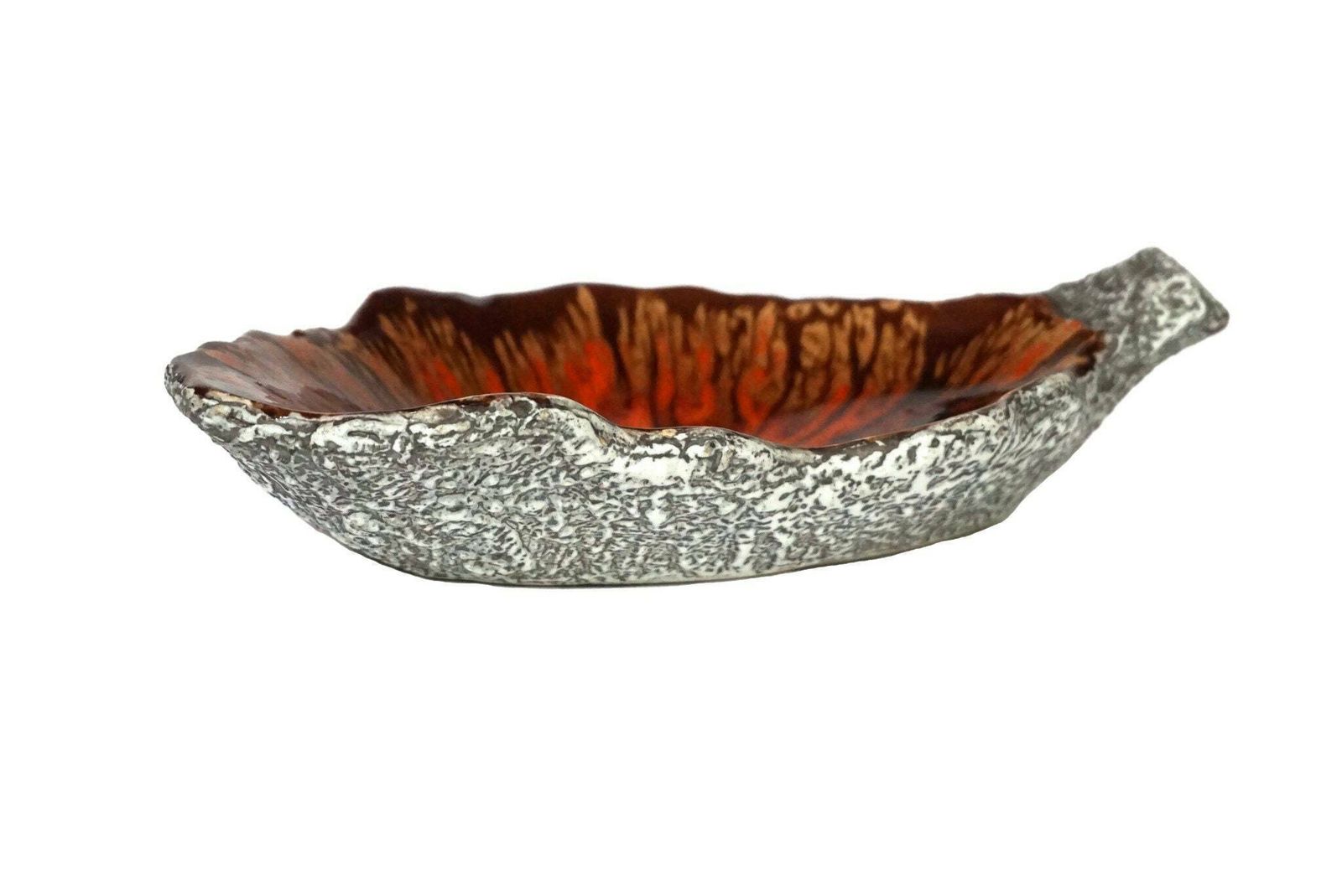 1950s French Pottery Leaf Coin Dish, Mid Century Modern Ceramic Fat Lava Glaze