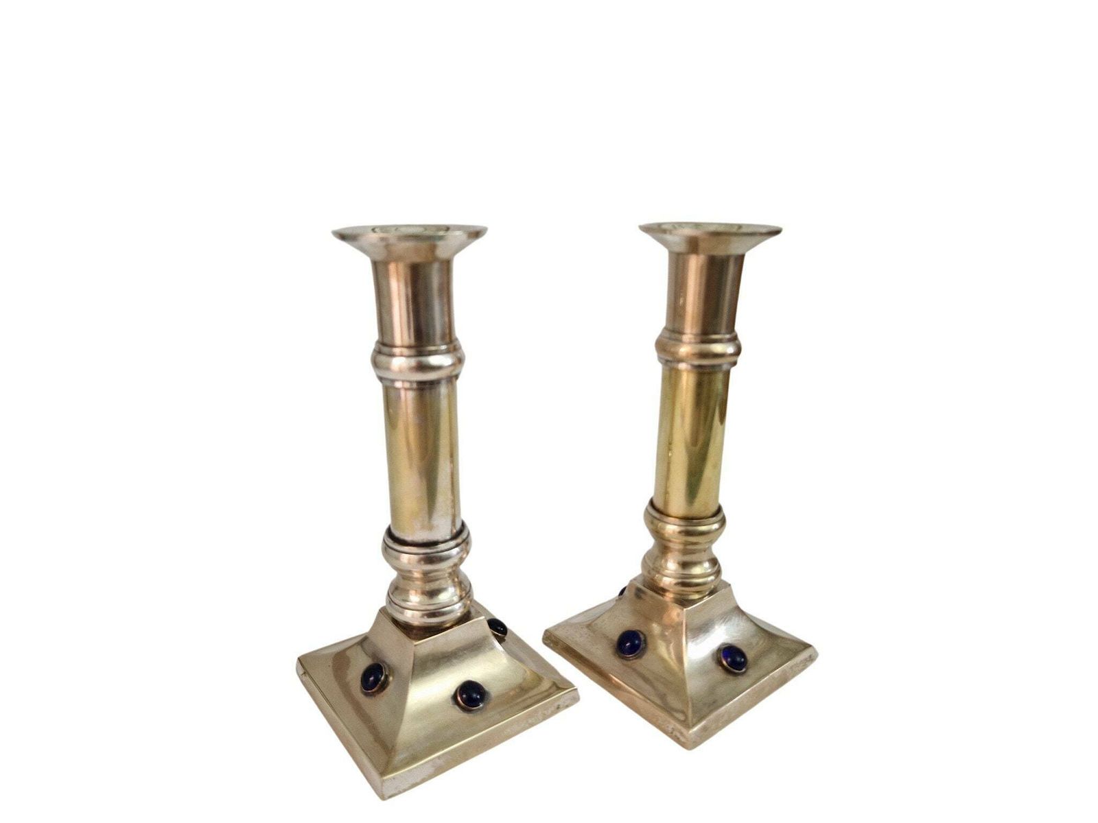 French Brass And Silver Plate Candle Holder Pair With Sapphire Blue Glass Cabochons photo furniture
