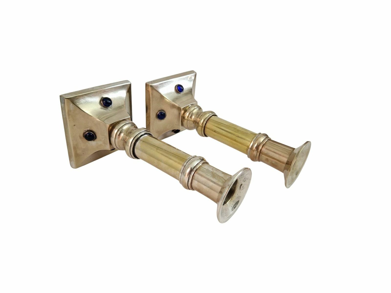 French Brass And Silver Plate Candle Holder Pair With Sapphire Blue Glass Cabochons photo 113.0