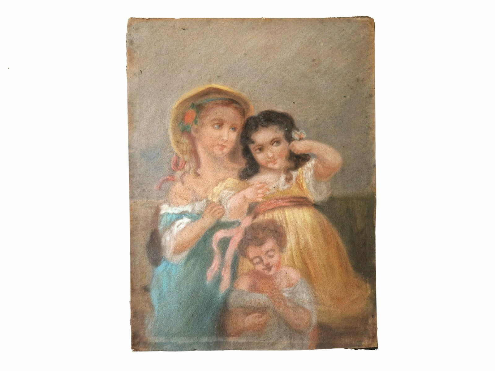 19th Century Children Portrait Oil Pastel Drawing, photo furniture