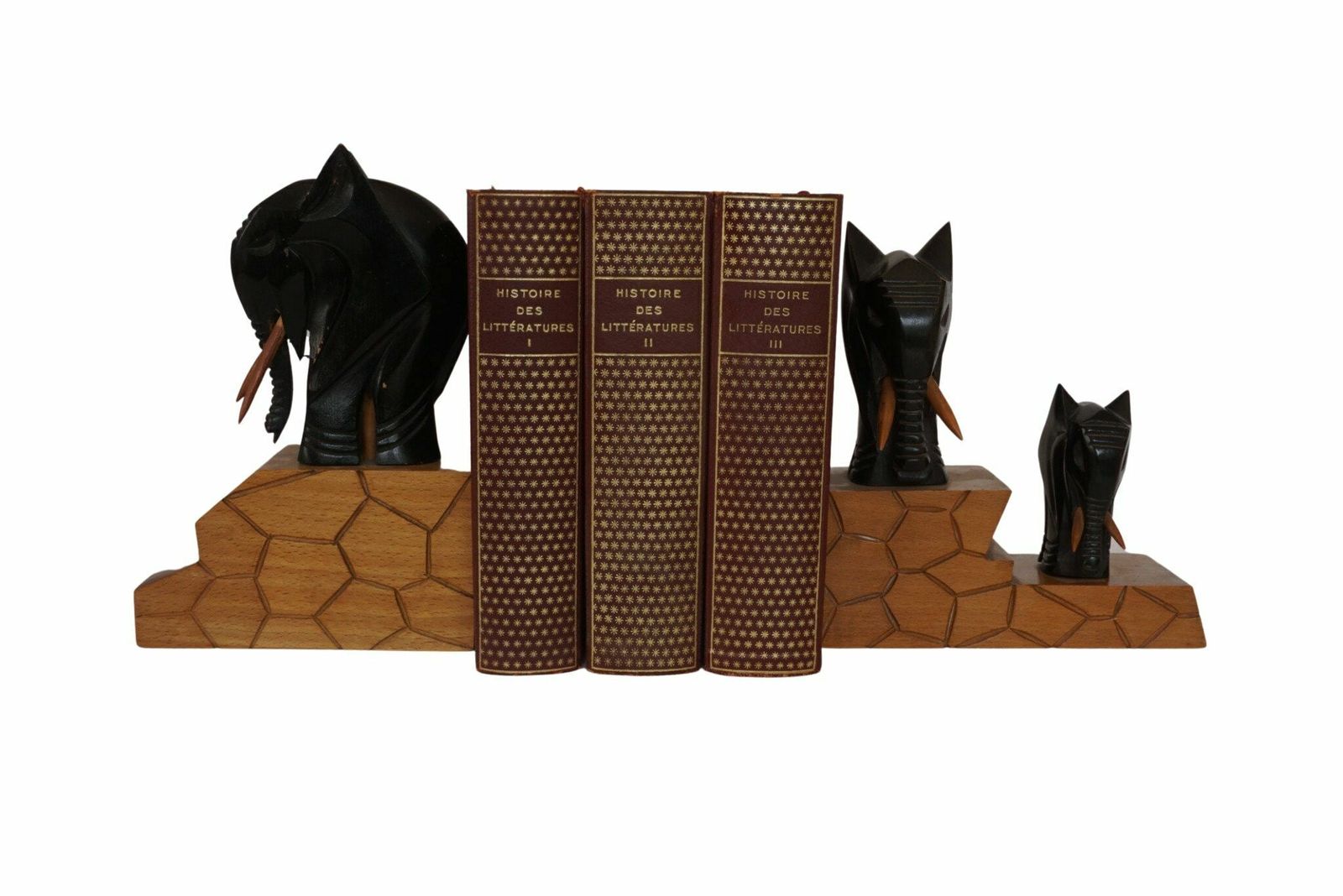 French Carved Wood Elephant Figurine Bookends, Safari Animal Statues